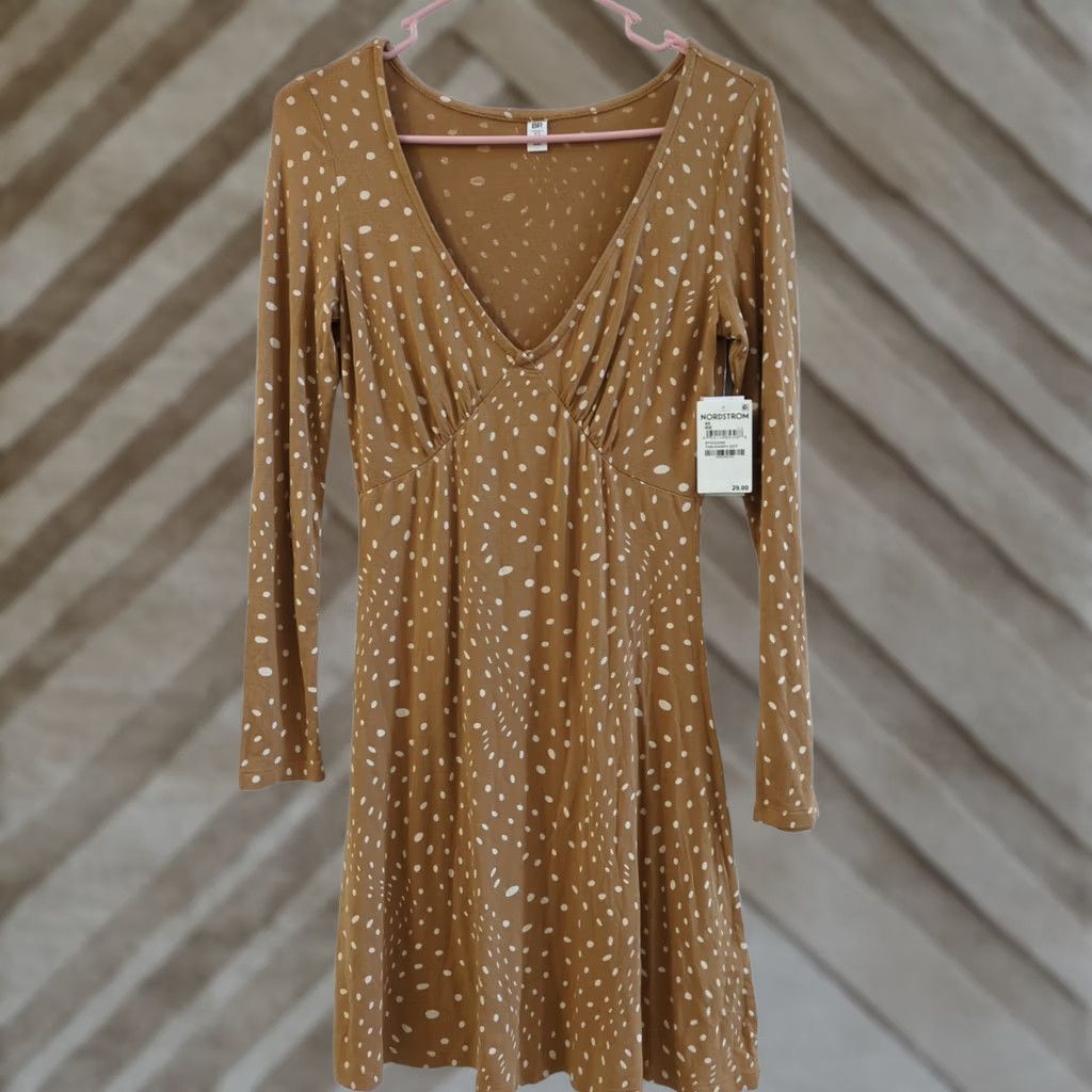 Vintage BP Dress NWT Women's XS Tan Warpy Dot Knew Length Dress Size XS / US 0-2 / IT 36-38 - 1 Thumbnail