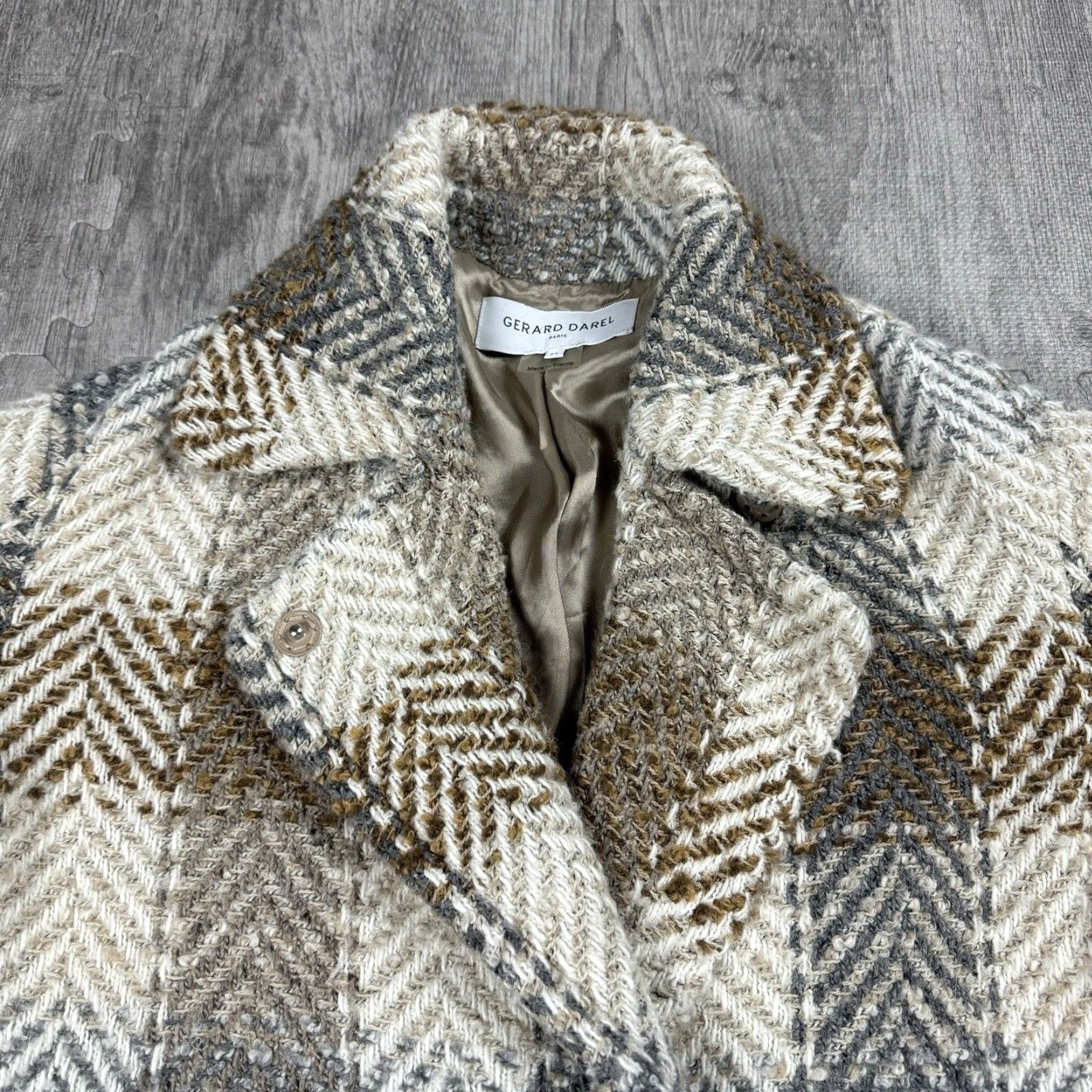 Gerard Darel VINTAGE Gerard Darel Women's Tweed Coat Jacket Plaid Chevron Beige Medium Fall Winter 6 Size M / US 6-8 / IT 42-44 - 2 Thumbnail