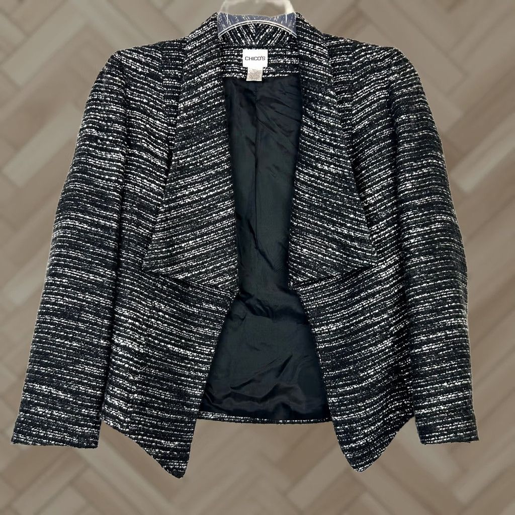 Vintage Chicos Blazer Women Small Open Tweed Black 0 Open Texture Jacket Size S / US 4 / IT 40 - 1 Thumbnail