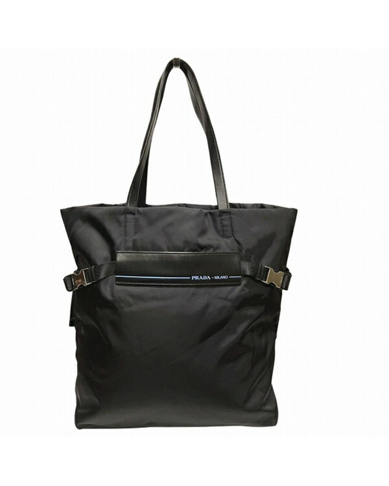 image of Prada Stylish And Durable Black Nylon Tote Bag With Leather Accents, Women's