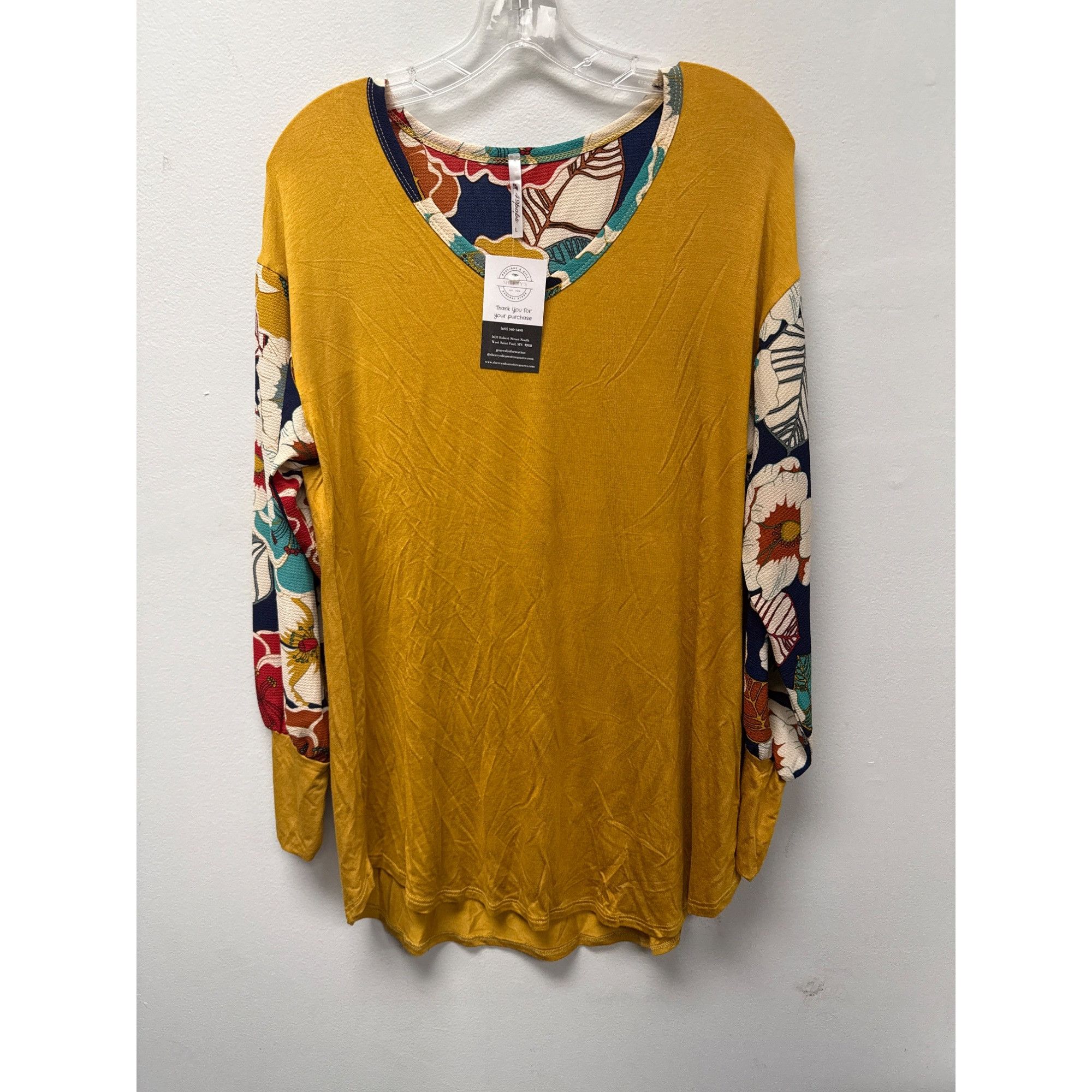 Other Floral Sleeve Mustard Yellow Women's Top With V-Neck Size LA Size L / US 10 / IT 46 - 2 Thumbnail