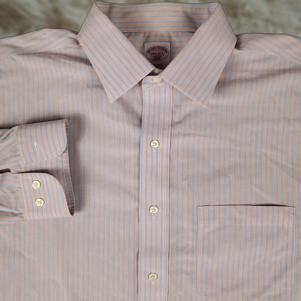 Brooks Brothers BROOKS BROTHERS Dress Shirt 16.5 Blue Orange Striped Long Sleeve Button-Up Non-Iron Mens Size 42R - 1 Thumbnail