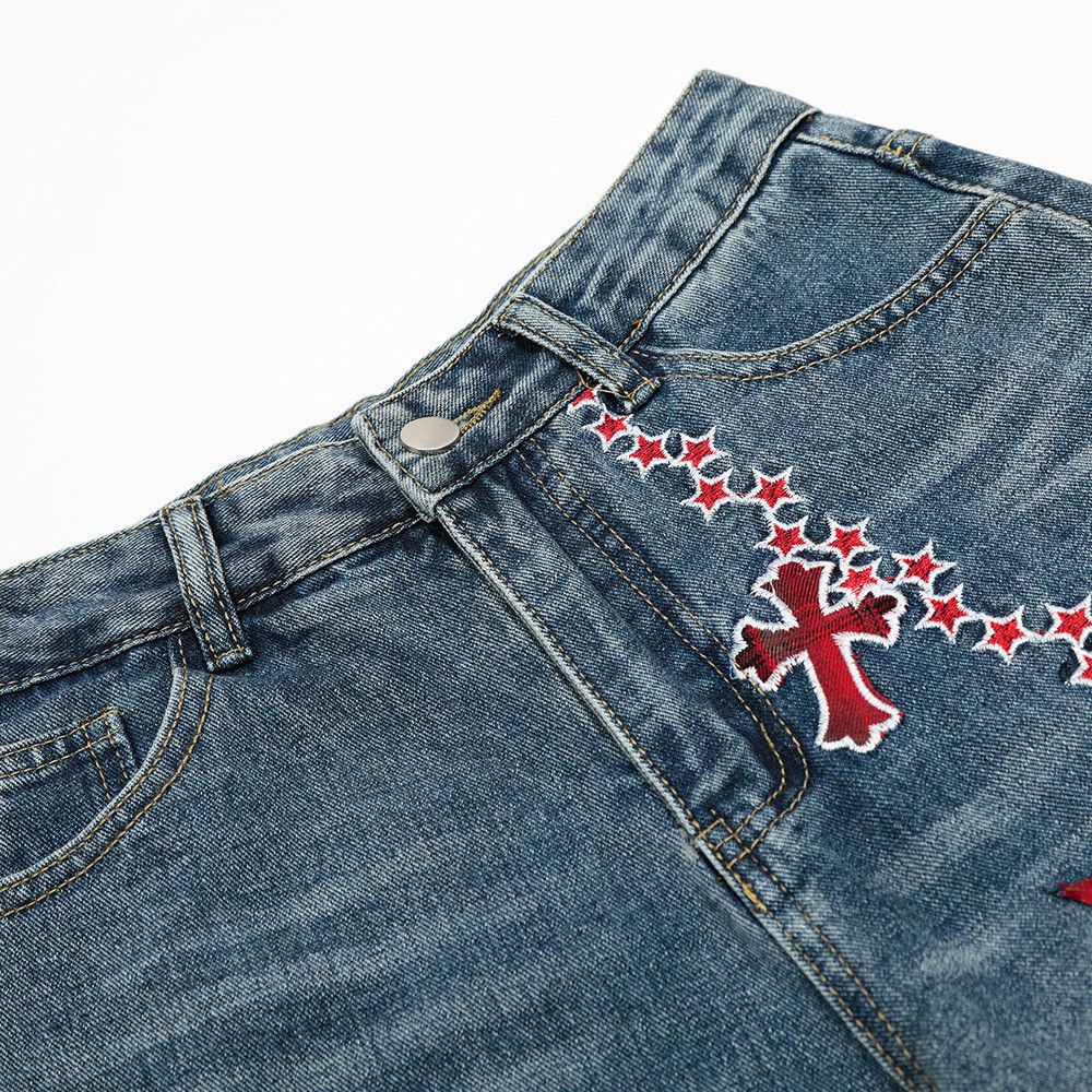 Jean Men's washed distressed patch embroidered scimitar jeans Size US 32 / EU 48 - 3 Thumbnail