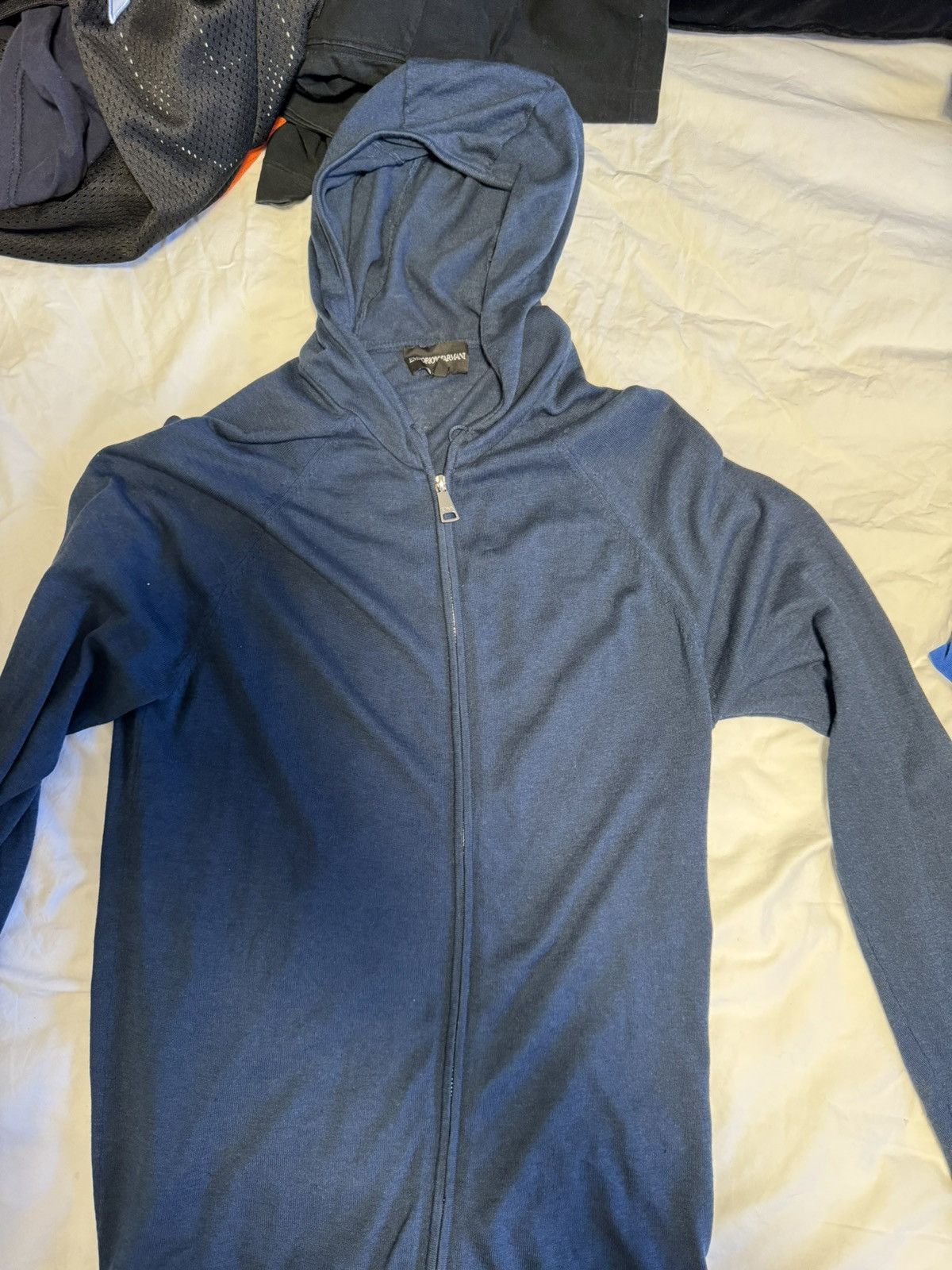 image of Emporio Armani Cashmere Zip Up Sweater Hoodie in Blue, Men's (Size Small)