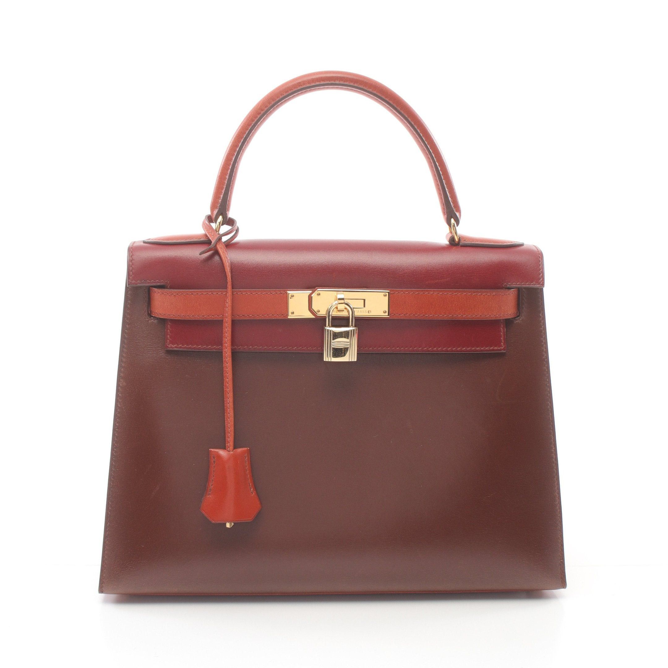 Hermes Hermes Kelly28 Tricolor Maron Fonce Rouge Ash Brick Handbag Box Calf Dark Brown Red Gold Hardware Outside Sewing ○ Z Stamp Size ONE SIZE - 1 Thumbnail