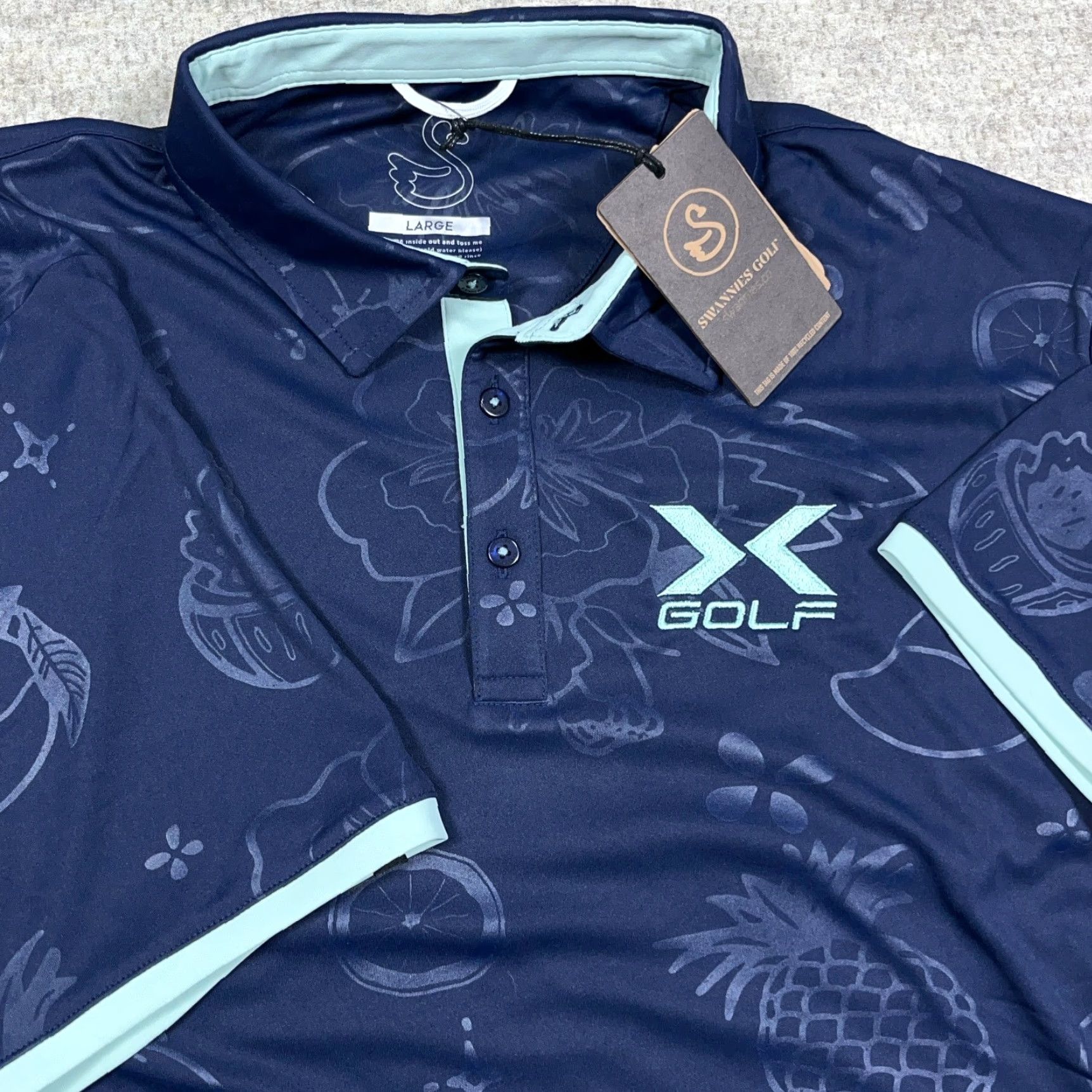 Vintage Swannies Polo Shirt Men L Midnight Blue Performance Golf Beach Hula Short Sleeve Logo Button Collared Size US L / EU 52-54 / 3 - 2 Thumbnail