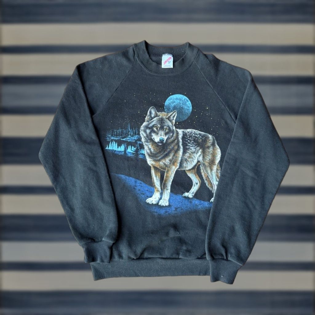 Jerzees VINTAGE Wolf Moon Crewneck Sweatshirt M Black Jerzees 80s 90s Nature USA Mens/Womens Size US M / EU 48-50 / 2 - 1 Thumbnail