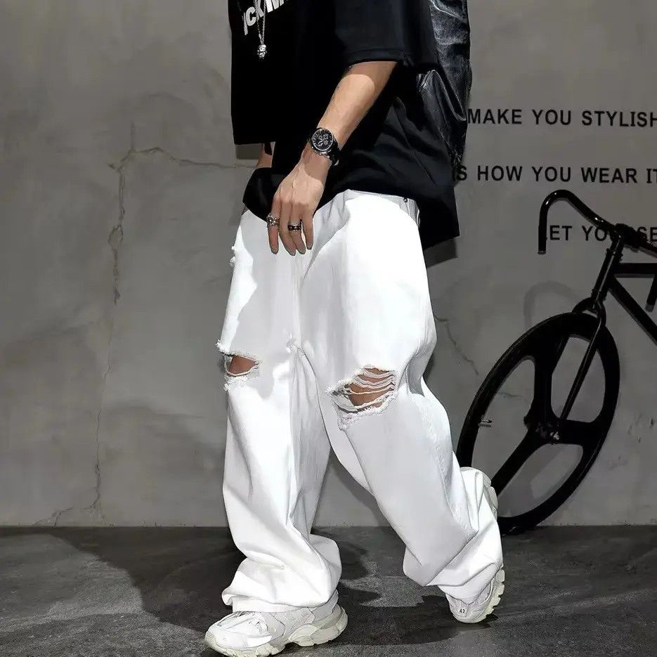 Japanese Brand Streetwear Baggy Straight Hole Distressed Jeans Size US 34 / EU 50 - 3 Thumbnail