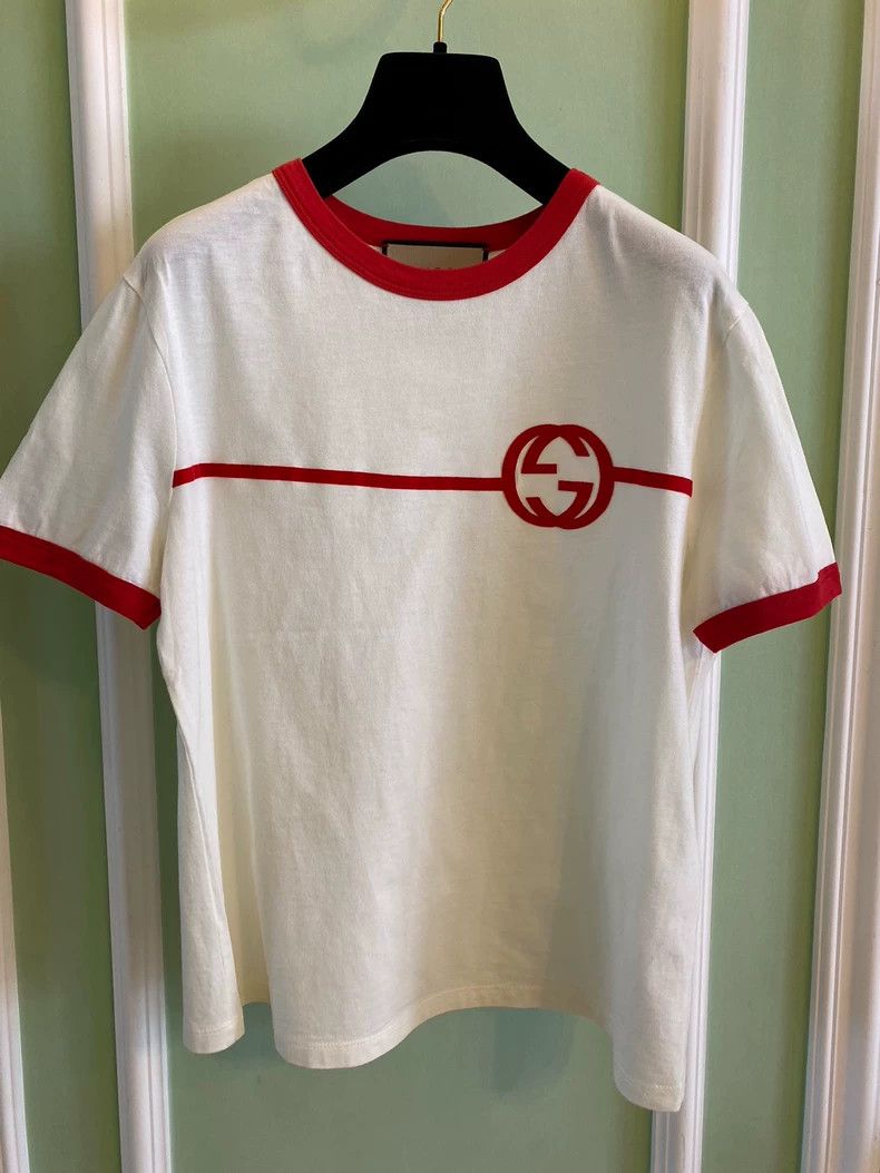 ★GUCCI★ Double G Embroidered Logo Short Sleeve T-Shirt Whi Gucci Logo-embroidered Short-sleeve Cotton-jersey T-shirt in