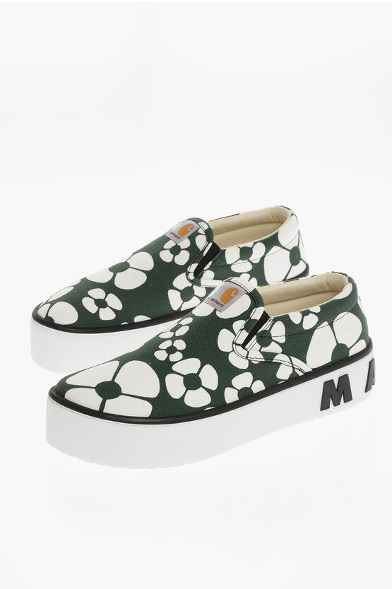 image of Marni Carhartt Floral-Printed Slip On Sneakers With Embossed Logo in Green, Men's (Size 8)