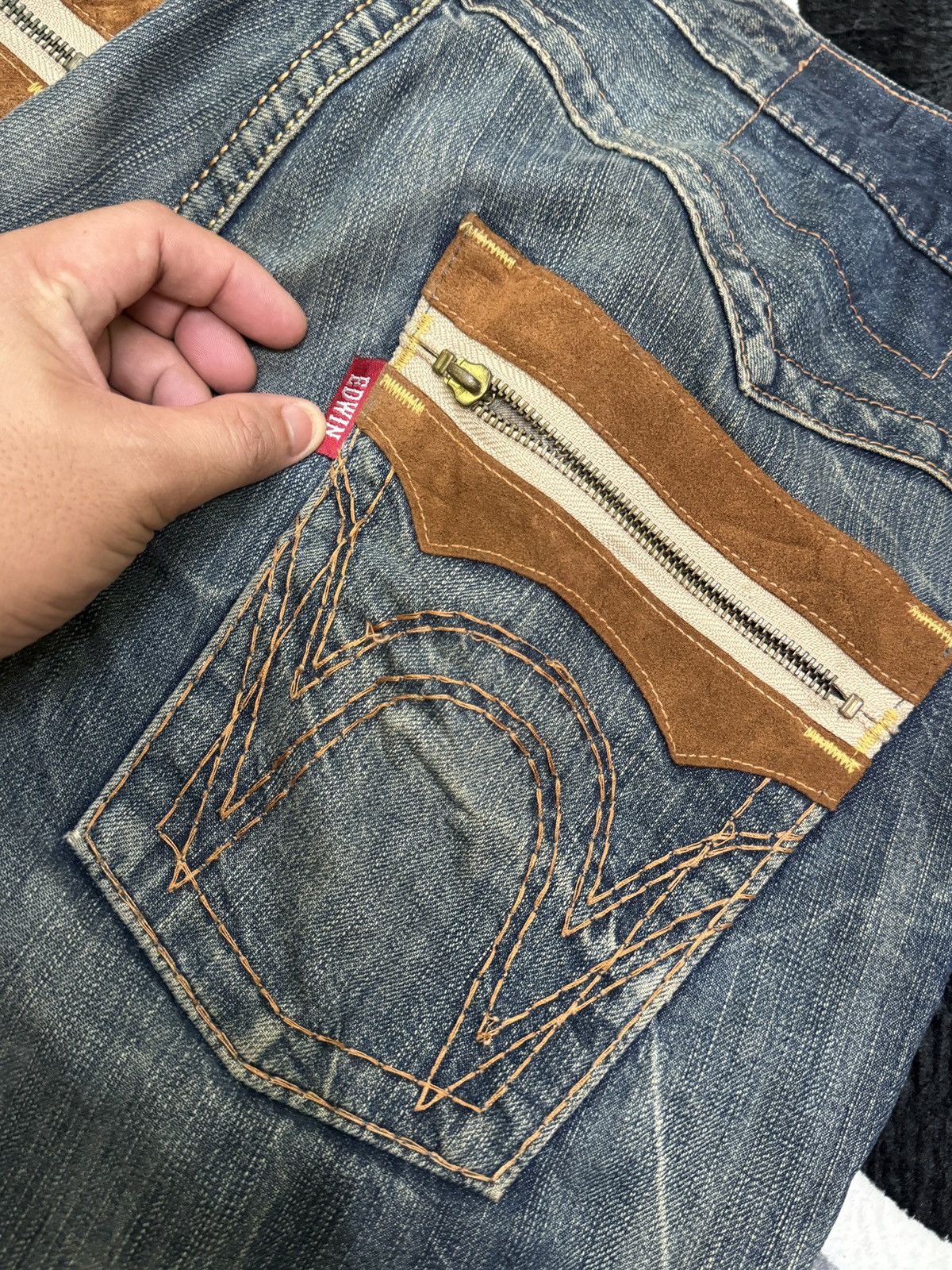 Edwin Distress Edwin Leather Trimmed Western Baggy Rusty Wash Size US 33 - 14 Thumbnail