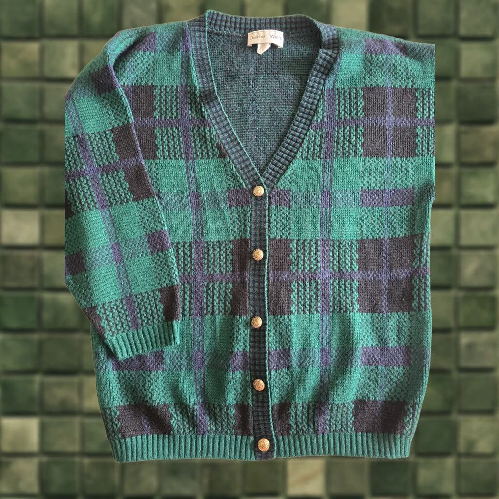Vintage VINTAGE Baxter & Wells Cardigan Sweater Womens Large Green & Black Plaid 1990s 80s Androgyny, Casual Shirt Size L / US 10 / IT 46 - 1 Thumbnail
