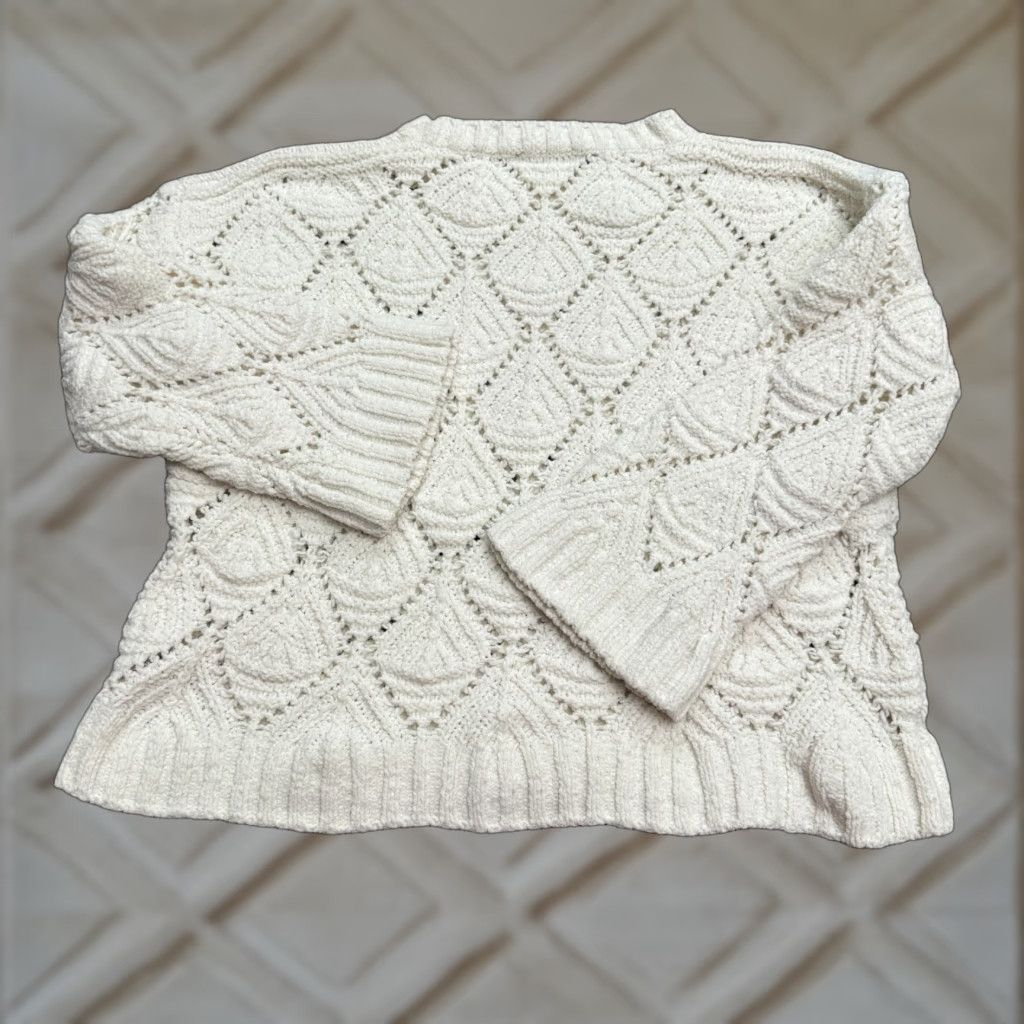 Talbots VINTAGE Cobble Lane Chenile Open Knit Crochet Chunky Pullover Sweater Womens 1X Cream Size XL / US 12-14 / IT 48-50 - 1 Thumbnail