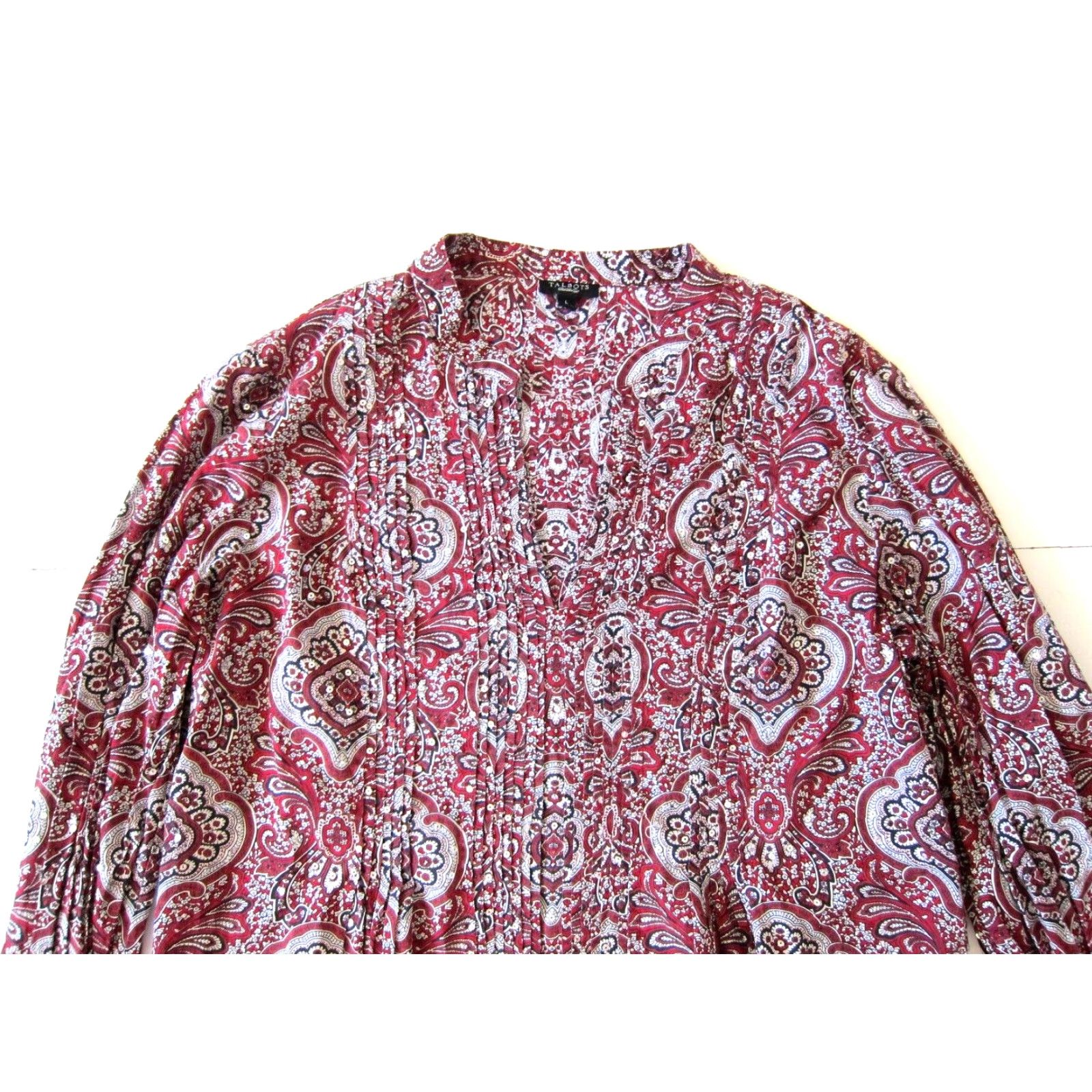 Talbots Talbot's Blouse Tunic V-Neck Long Sleeve 100% Cotton Red Black Paisley Sequin L Womens Size L / US 10 / IT 46 - 7 Thumbnail
