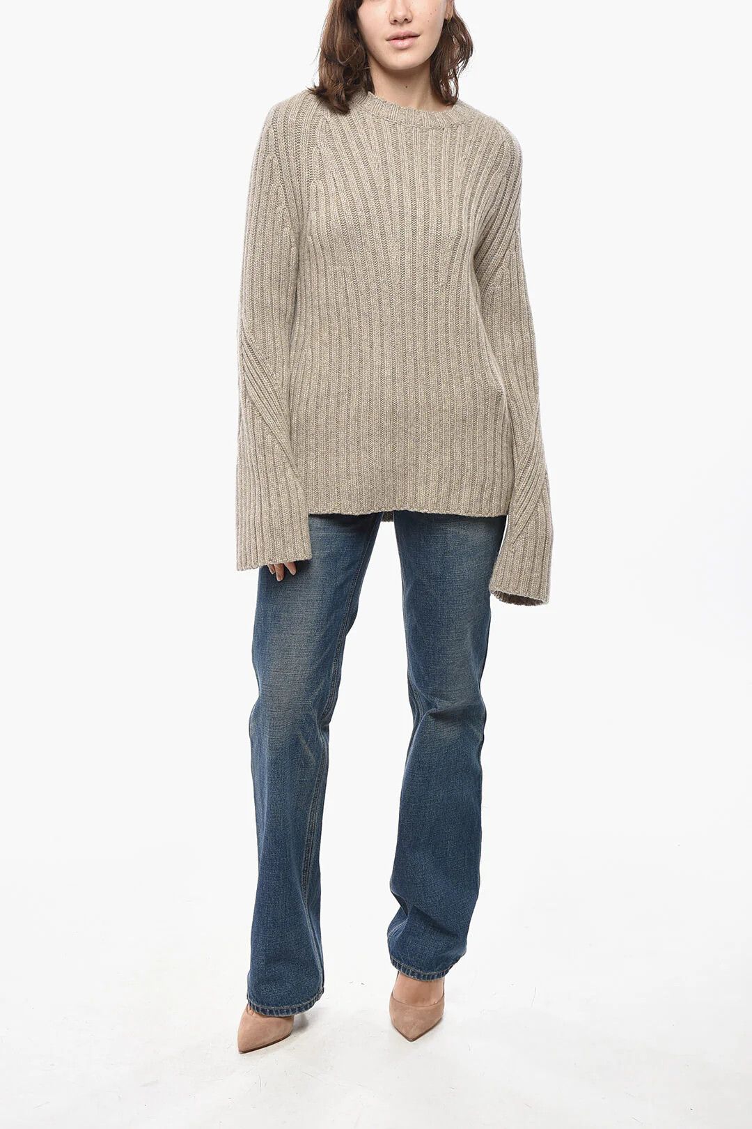 KHAITE og1mm0426 Cashmere Ribbed Crew-Neck Pullover in Beige Size S / US 4 / IT 40 - 4 Thumbnail