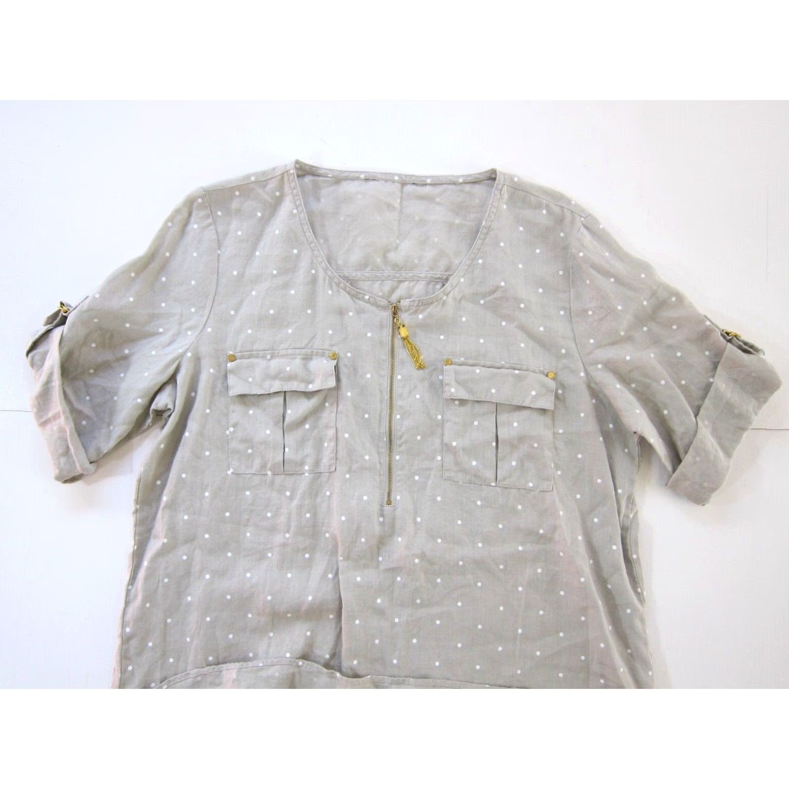 Ellen Tracy Ellen Tracy Blouse Tunic 100% Linen White Brown Polka Dot Gold Zip Pocket Large Size L / US 10 / IT 46 - 3 Thumbnail