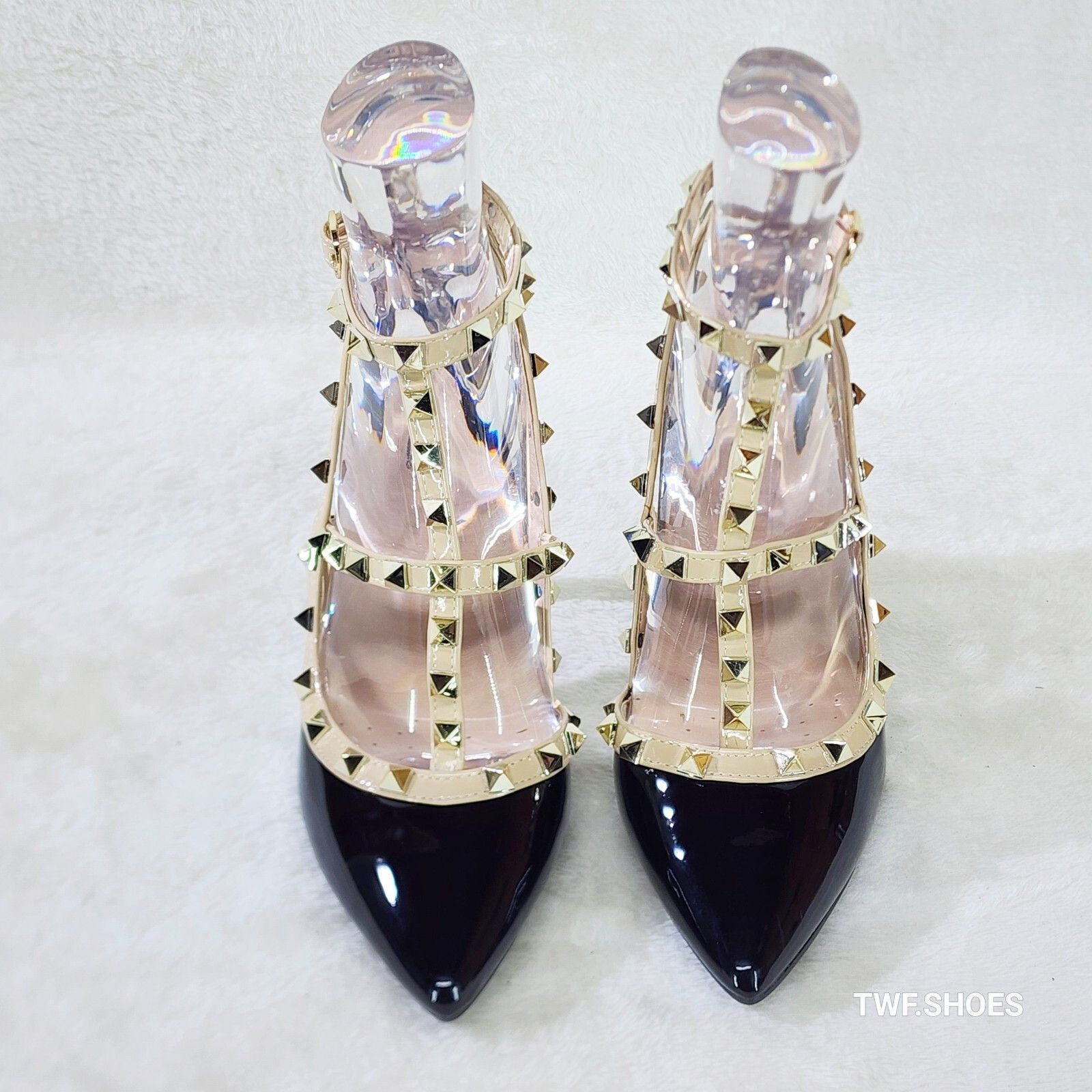 Other Caged Black Patent Studded Strappy Stiletto High Heel Shoes Size US 6 / IT 36 - 5 Thumbnail
