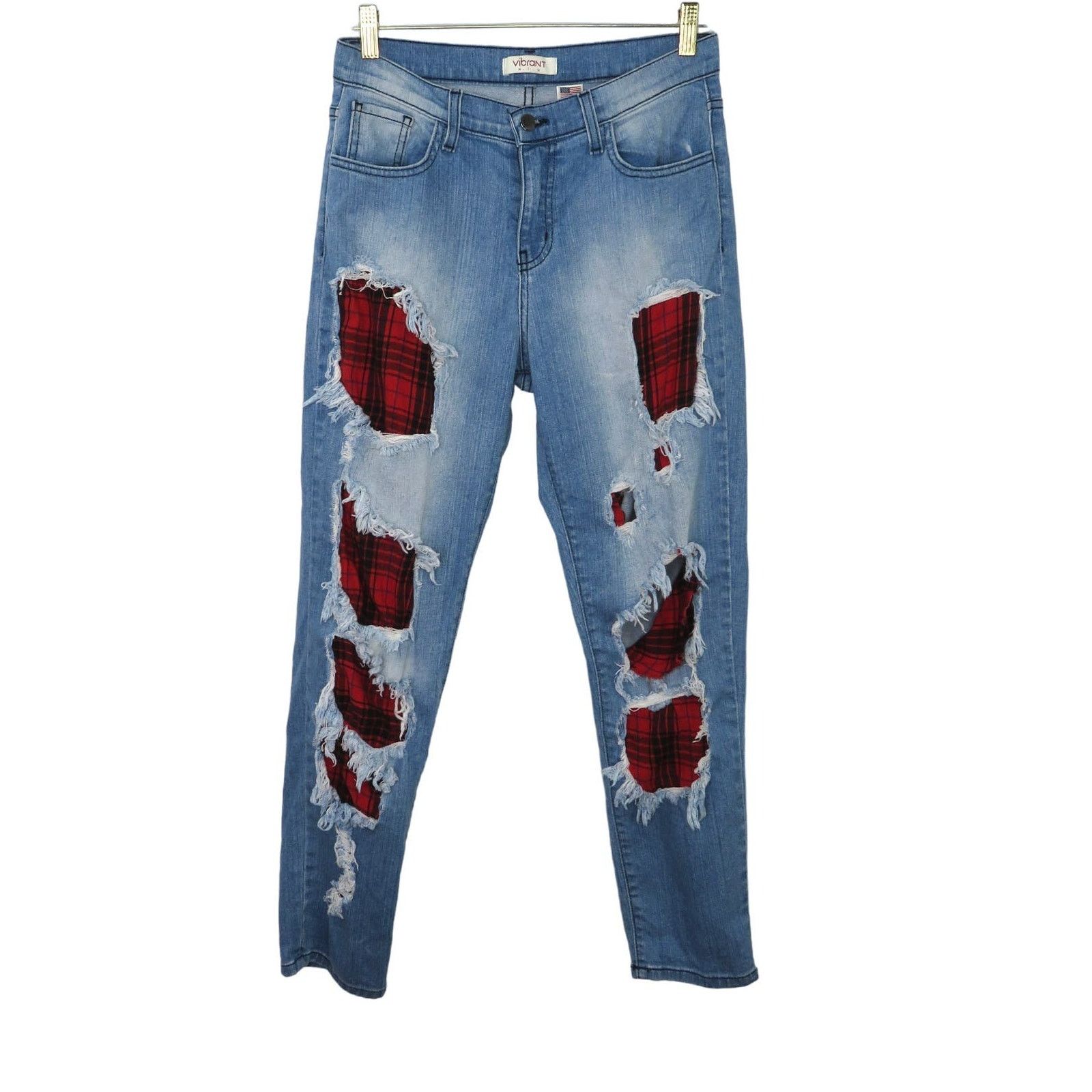 Urban Outfitters × Vintage UO Thrased Buffalo Plaid Patchwork Straight Leg Jeans 29" Size 29" - 2 Thumbnail