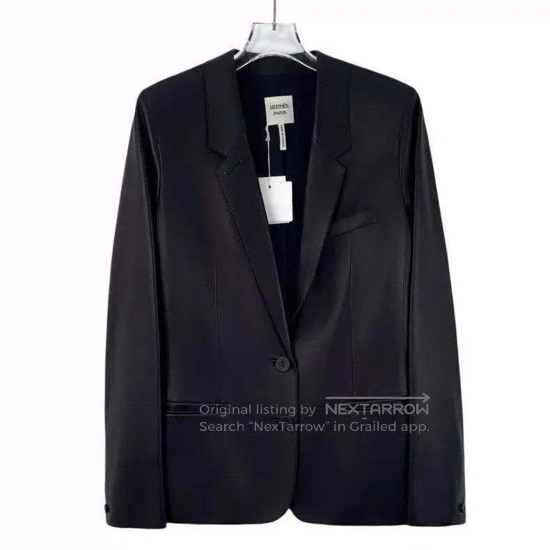 Hermes Black Lapel Single-Breasted Zip-Up Leather Jacket C