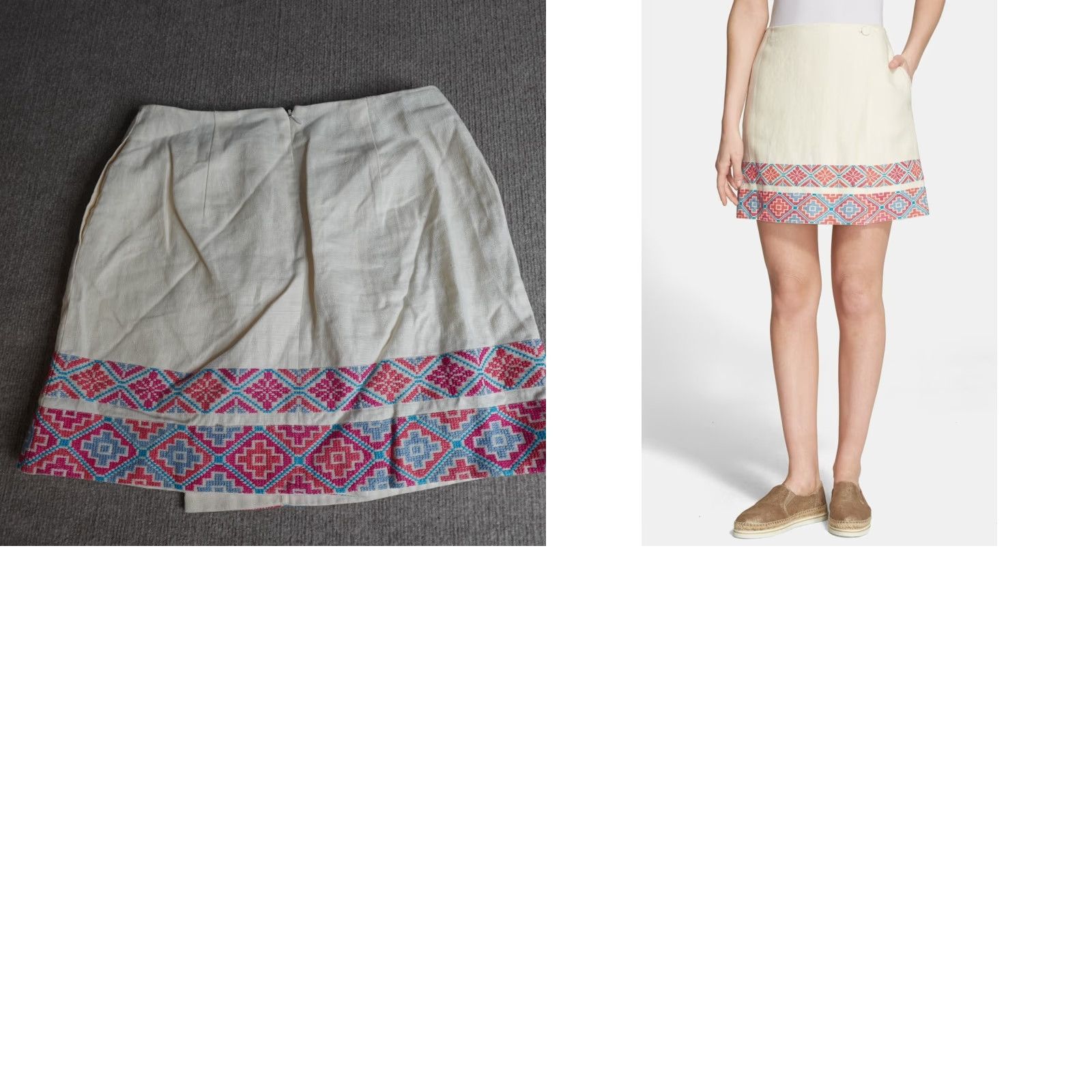 Tory Burch Skirt Womens 4 Ivory Linen Embroidered Faux Wrap Short Pockets 100% Linen