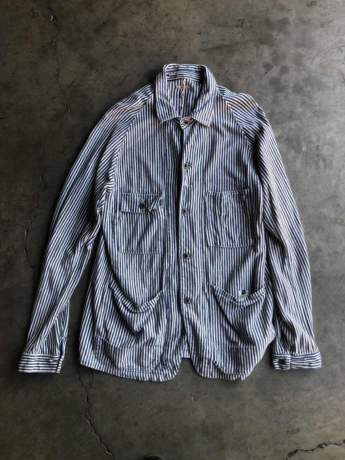 image of Kapital Hickory Striped Chore Jacket in Blue White, Men's (Size XL)