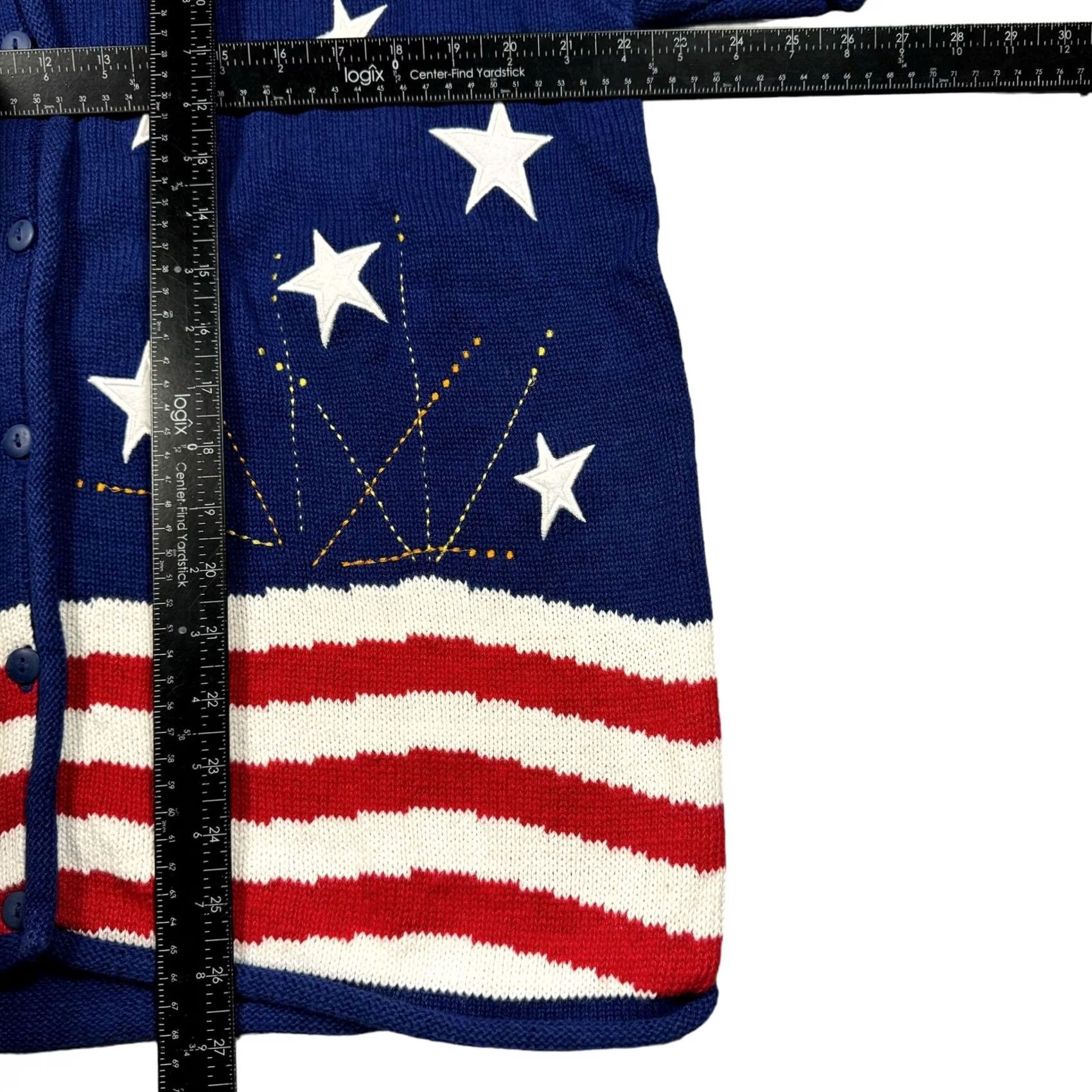 Quacker Factory USA Sweater Vintage Men's L Knit Embroidered Stars Stripes Short Sleeve 4th July Cardigan Cotton Blend Regular Sailor Blue 90s Patriotic Mens Size US L / EU 52-54 / 3 - 8 Thumbnail