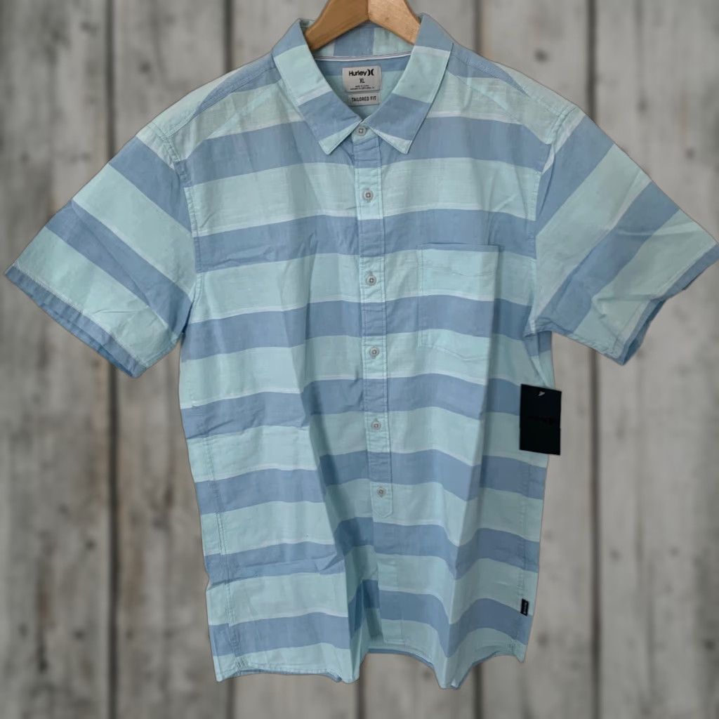 Hurley Hurley Shirt Mens XL Blue Blocked Stripe Woven Short Sleeve Button Front Cotton Size US XL / EU 56 / 4 - 1 Thumbnail