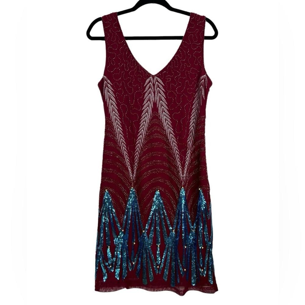 Designer Maroon Beaded Sequined Embroidered Flapper Dress Medium Size M / US 6-8 / IT 42-44 - 1 Thumbnail