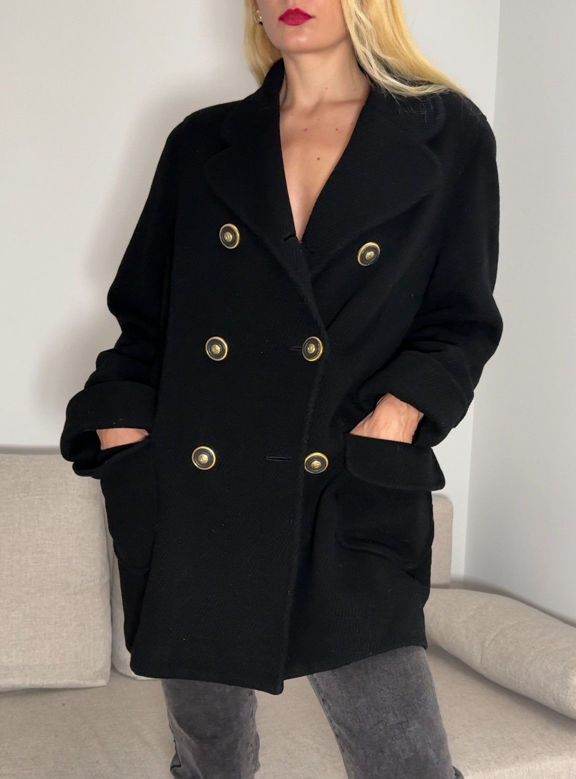 Versace Gianni Versace Black Double Breasted Wool Blend Coat IT44 Size M / US 6-8 / IT 42-44 - 1 Thumbnail