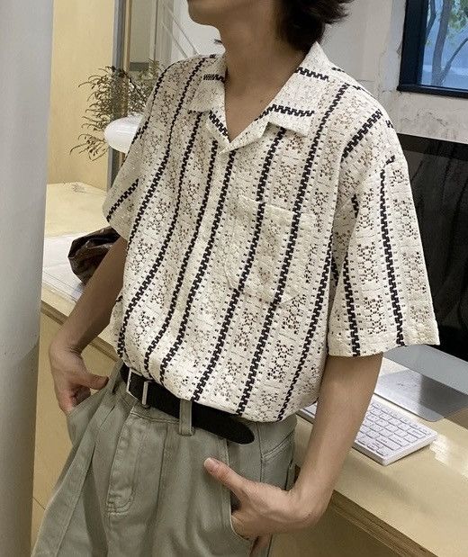 Y2k retro crochet striped cuban collar shirt