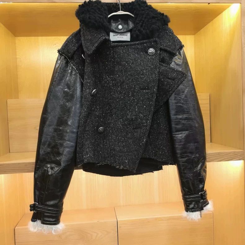 Saint Laurent Paris Wool lambswool paneled sheepskin croppe