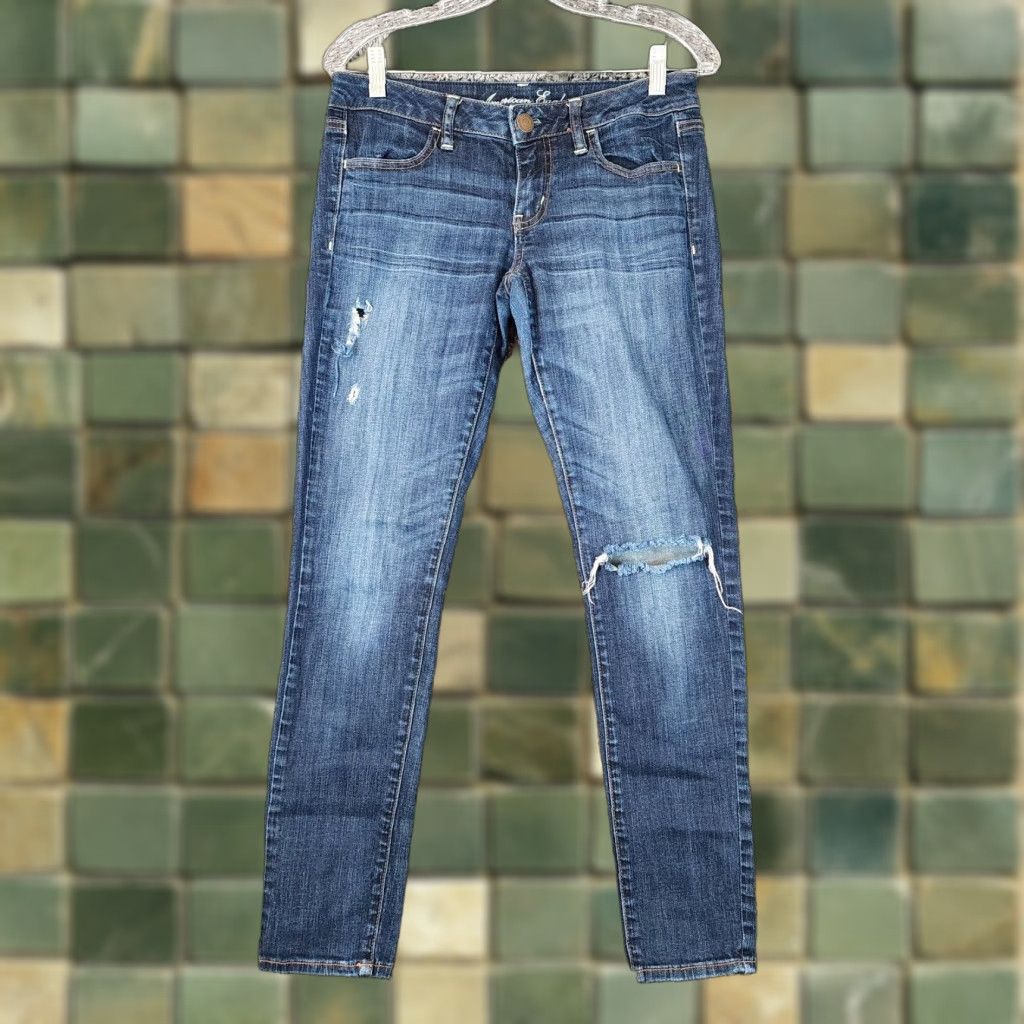American Eagle Outfitters AMERICAN EAGLE WOMENS Skinny Jean Jeggings Distressed Stretch Blue Size 6 Regular 30x30 Womens Size 28" / US 6 / IT 42 - 1 Thumbnail