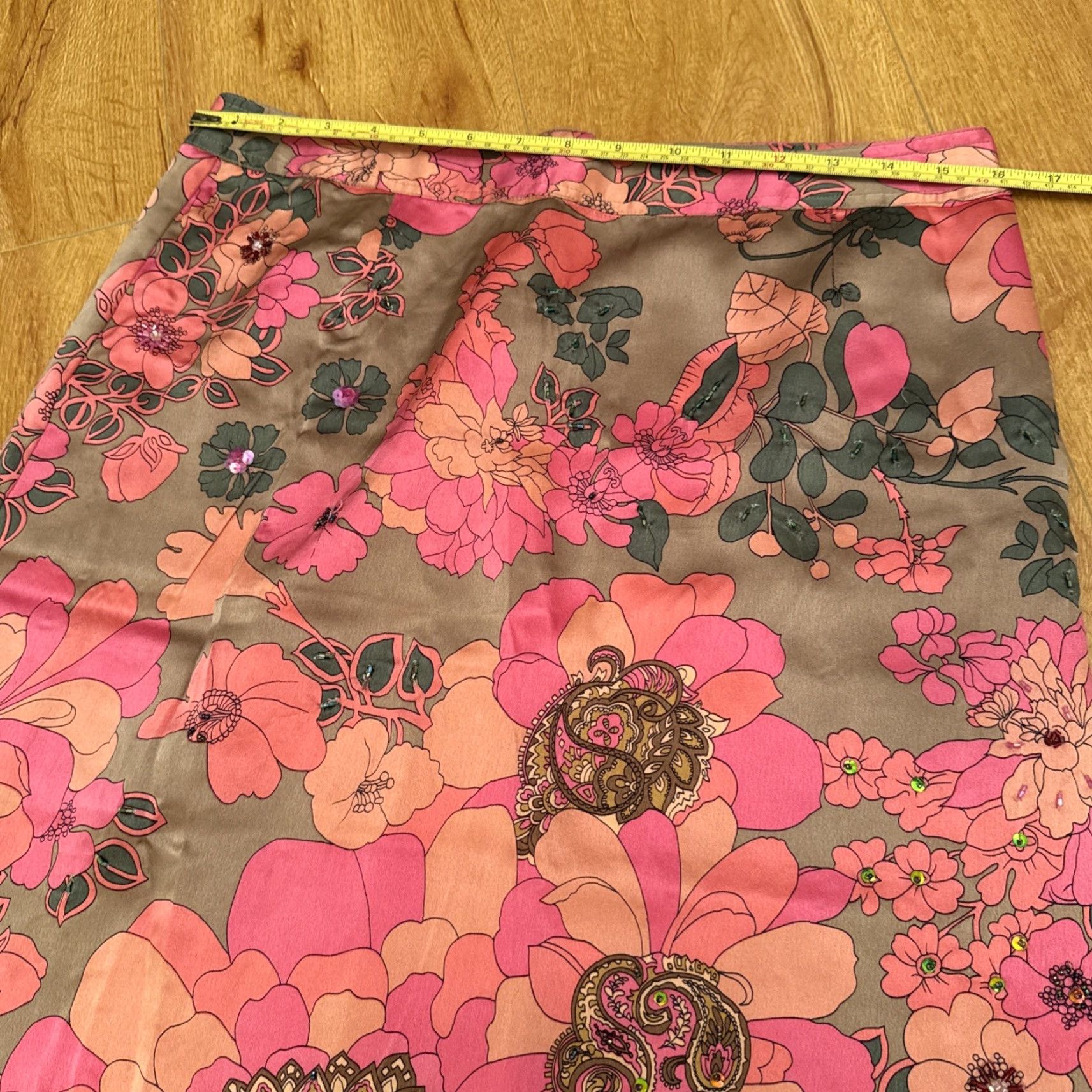 Pinko VINTAGE Plenty Silk Pencil Skirt Beaded Floral Satin Pink 90s Y2K Knee Length Womens Regular Large Yellow Size 36" / US 14 / IT 50 - 5 Thumbnail