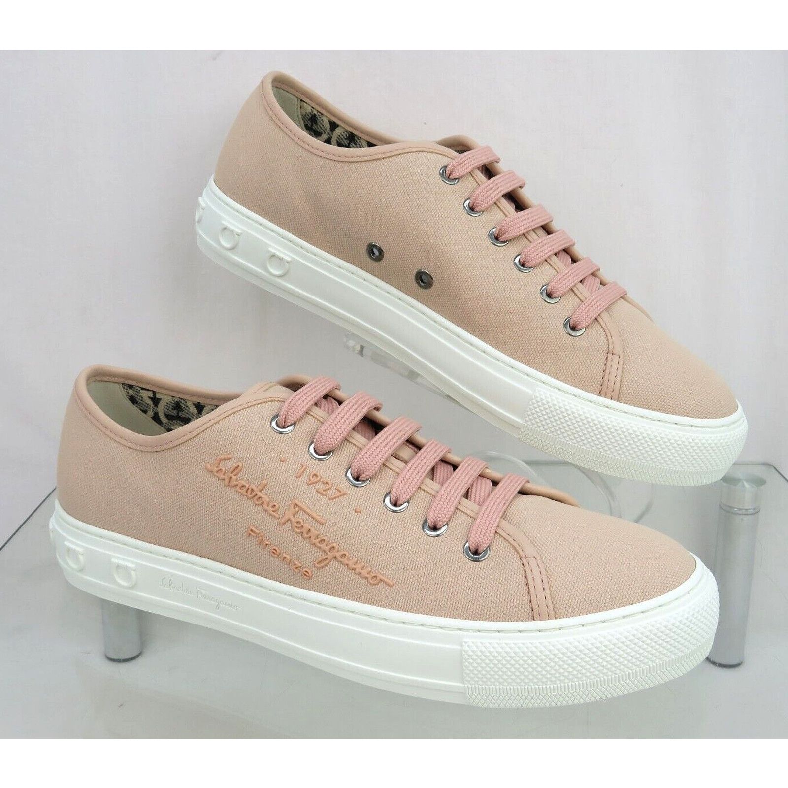 Salvatore Ferragamo MEDITERR PINK LEMONADE CANVAS LEATHER TRIM LOGO SNEAKERS 9 C Size US 9 / IT 39 - 7 Thumbnail
