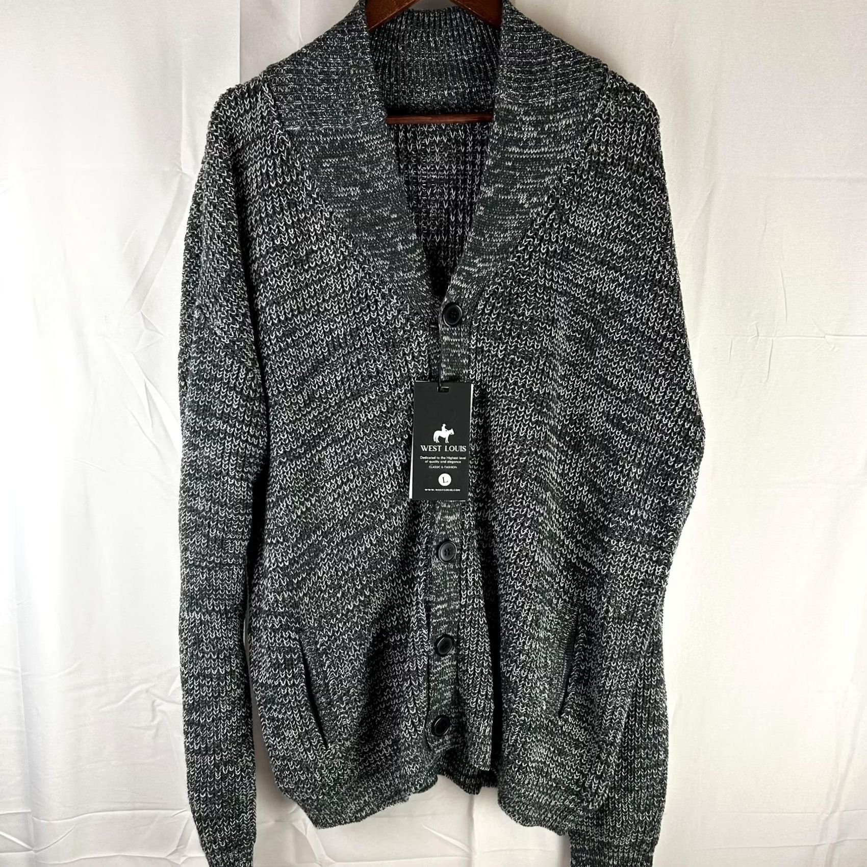 Vintage West Louis Mens L Gray Shawl Collar Cardigan Button Front Knit Heavyweight Oversize Sweater Regular Fit Size US L / EU 52-54 / 3 - 2 Thumbnail