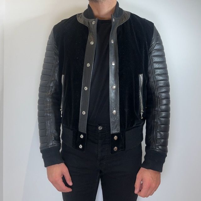 image of Balmain Leather Bomber Baseball Jacket in Black, Men's (Size Medium)