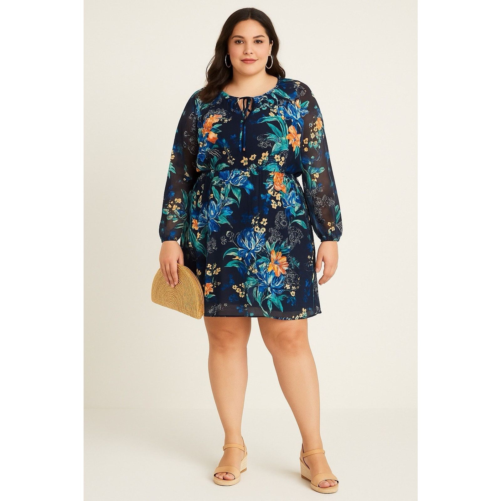 Other Ava & Viv 1X Navy Floral Dress Sheer Sleeves & Tie Neck Size XL / US 12-14 / IT 48-50 - 9 Thumbnail
