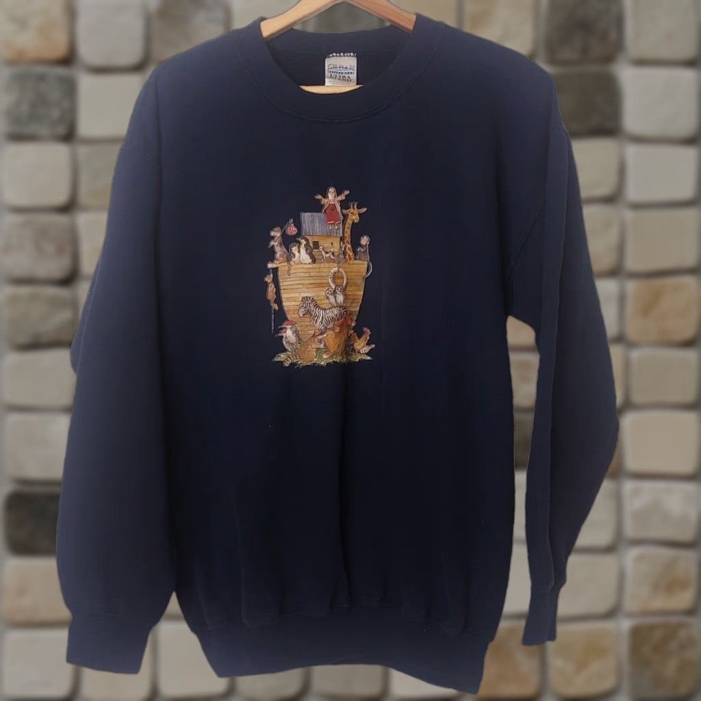 Vintage Noah's Ark Sweatshirt Blue Crewneck M Women Regular Cotton/Polyester Pullover Graphic Animals Religious Bible Story Christian Holy Shirt Size M / US 6-8 / IT 42-44 - 1 Thumbnail