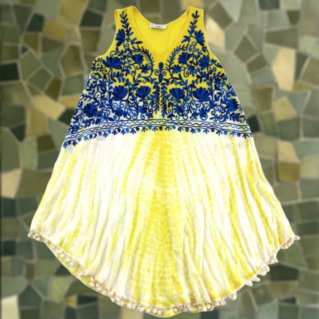 Vintage Lapogee Rayon Yellow Tie Dye Embroidered Floral Midi Tank Dress Large Size L / US 10 / IT 46 - 1 Thumbnail