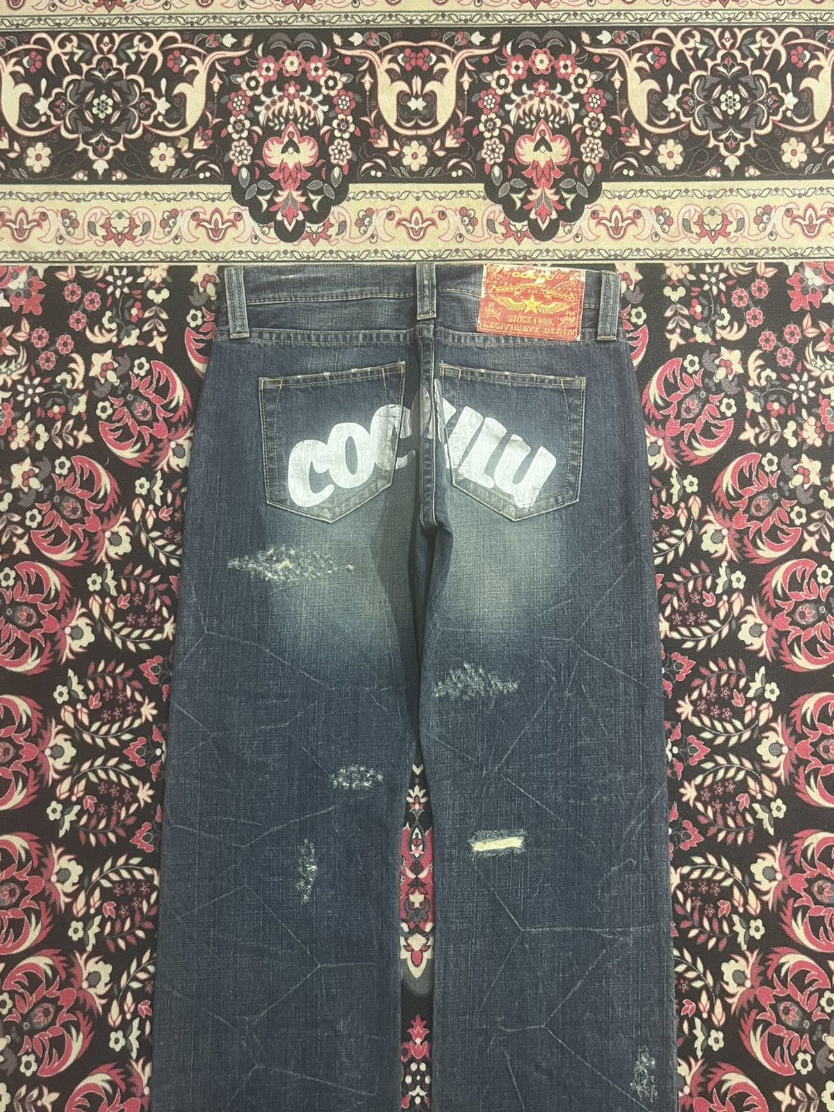 GOSTAR DE FUGA Co&Lu Cracked Distressed Big Slogan Dark Blue Loose Jeans Size US 31 - 6 Thumbnail