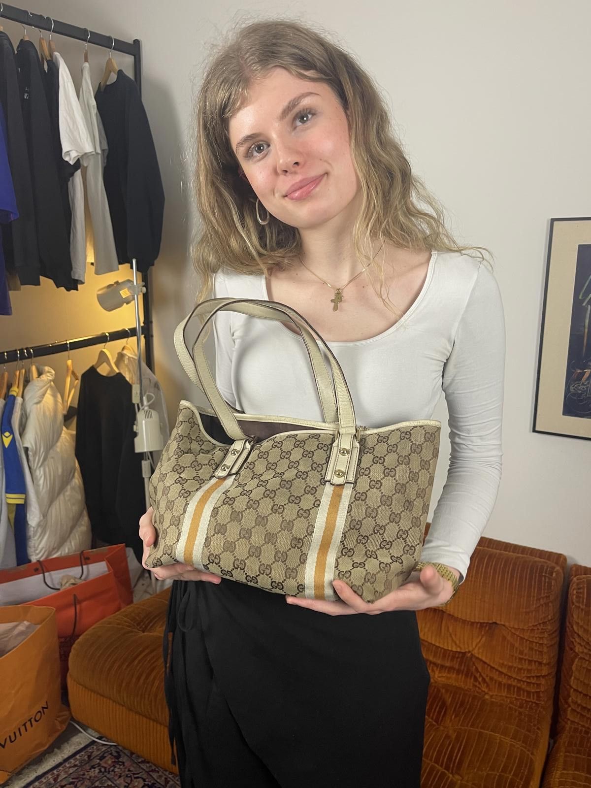 Gucci Gucci - Beige Monogram Tote Bag with White Stripes Size ONE SIZE - 5 Thumbnail