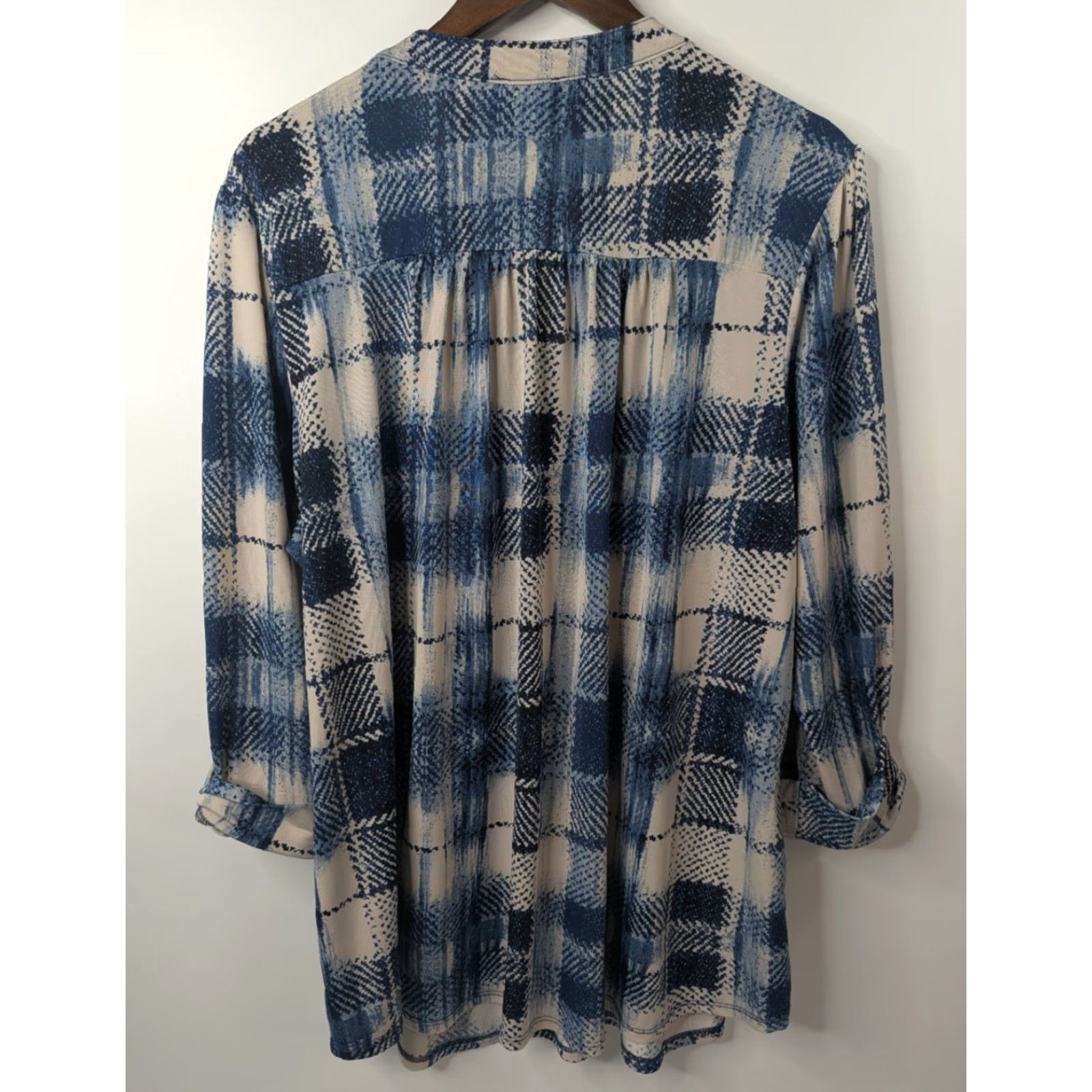 Vintage Cocomo Plaid 3/4 Roll Tab Sleeve Button Top V-Neck Henley Plus 3X Blue Knit Blouse Women Shirt Tunic Size XXL / US 16-18 / IT 52-54 - 4 Thumbnail