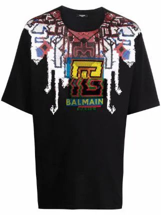 image of O1C11T2Y0124 Textured Balmain Printed T-Shirt In Assorted, Men's (Size Medium)