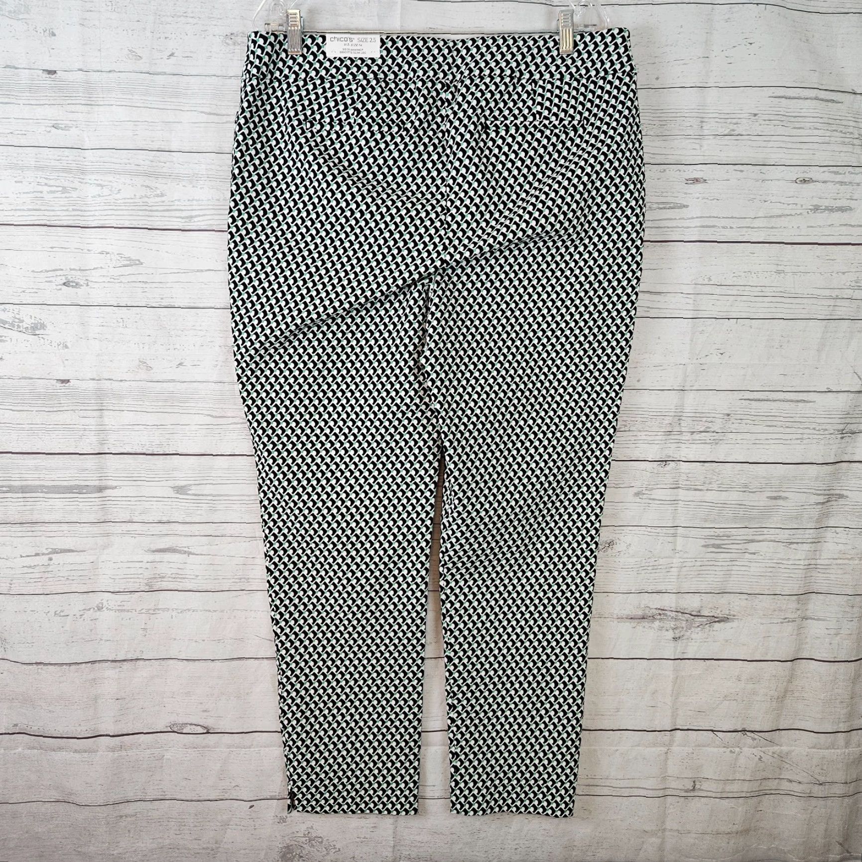 Vintage Chico's Womens Brigitte Slim Leg Ankle Pants Sz 14 Black Green Slimming Cotton Rayon Spandex Geometric Inseam 27" Vintage No Size 36" / US 14 / IT 50 - 4 Thumbnail