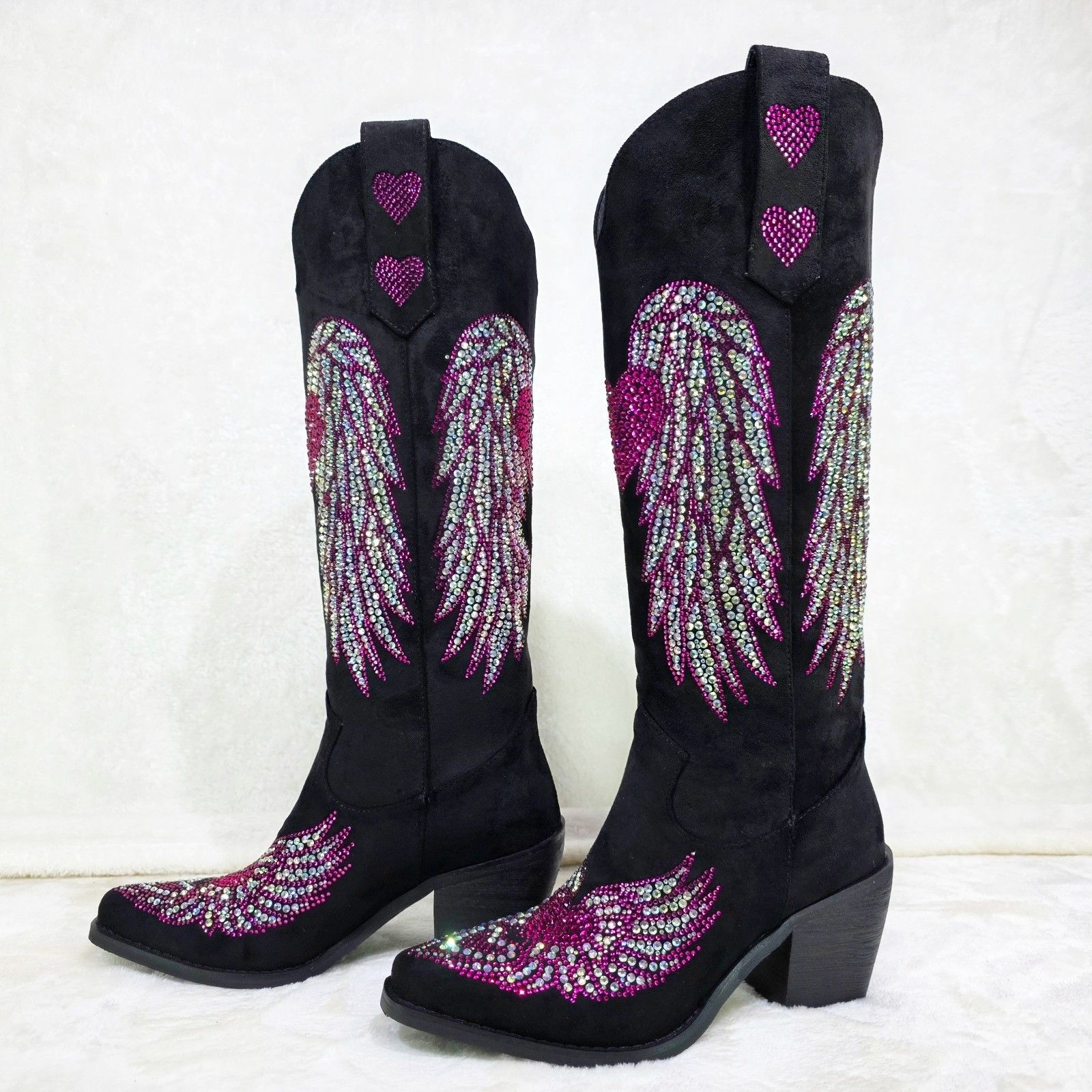 Other Angel Wings Black Hot Pink Rhinestone Country Western Cowgi Size US 11 / IT 41 - 5 Thumbnail