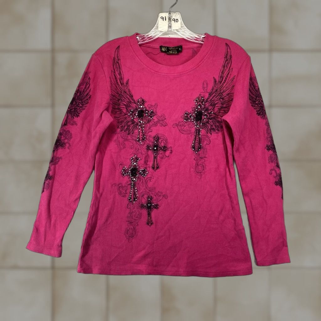 Vintage VINTAGE Old School Cross Wings Rhinestone Thermal Shirt Womens L Magenta Pink 90s Y2K Geometric Long Sleeve Crew Neck Size L / US 10 / IT 46 - 1 Thumbnail