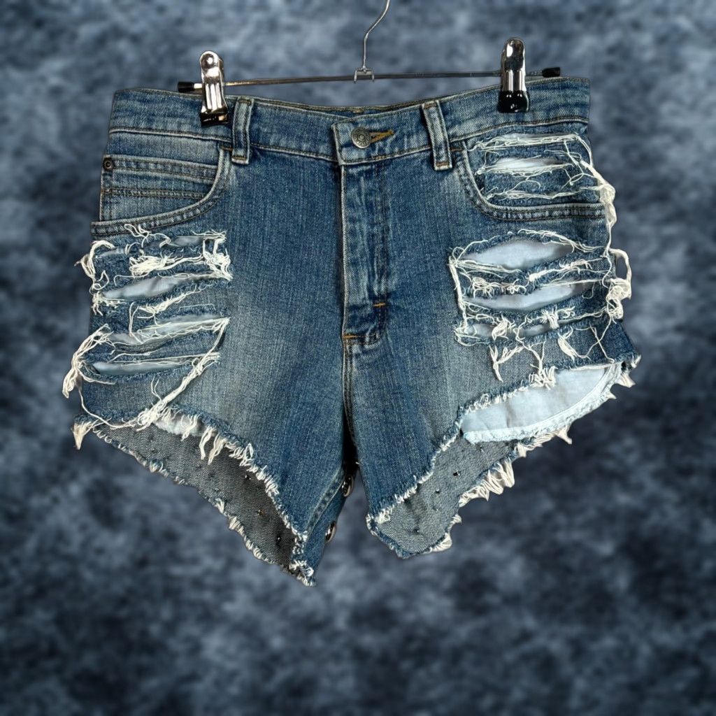 Wrangler Wrangler Denim Shorts - High-Waisted, Distressed, Studded - 28 - Blue - Women - 5-Pocket - 3 In Inseam - Vintage No - Casual Summer Wear Size 28" / US 6 / IT 42 - 1 Thumbnail