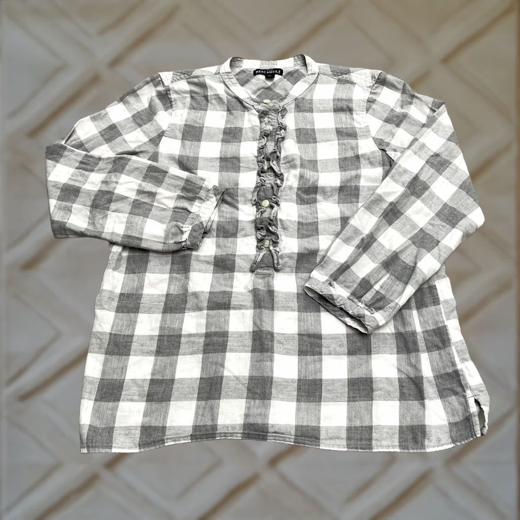 J.Crew J.CREW Blouse Shirt Casual Womens XS Gray Check Button Up Ruffle Bib Lace Bow 100% Cotton Size XS / US 0-2 / IT 36-38 - 1 Thumbnail