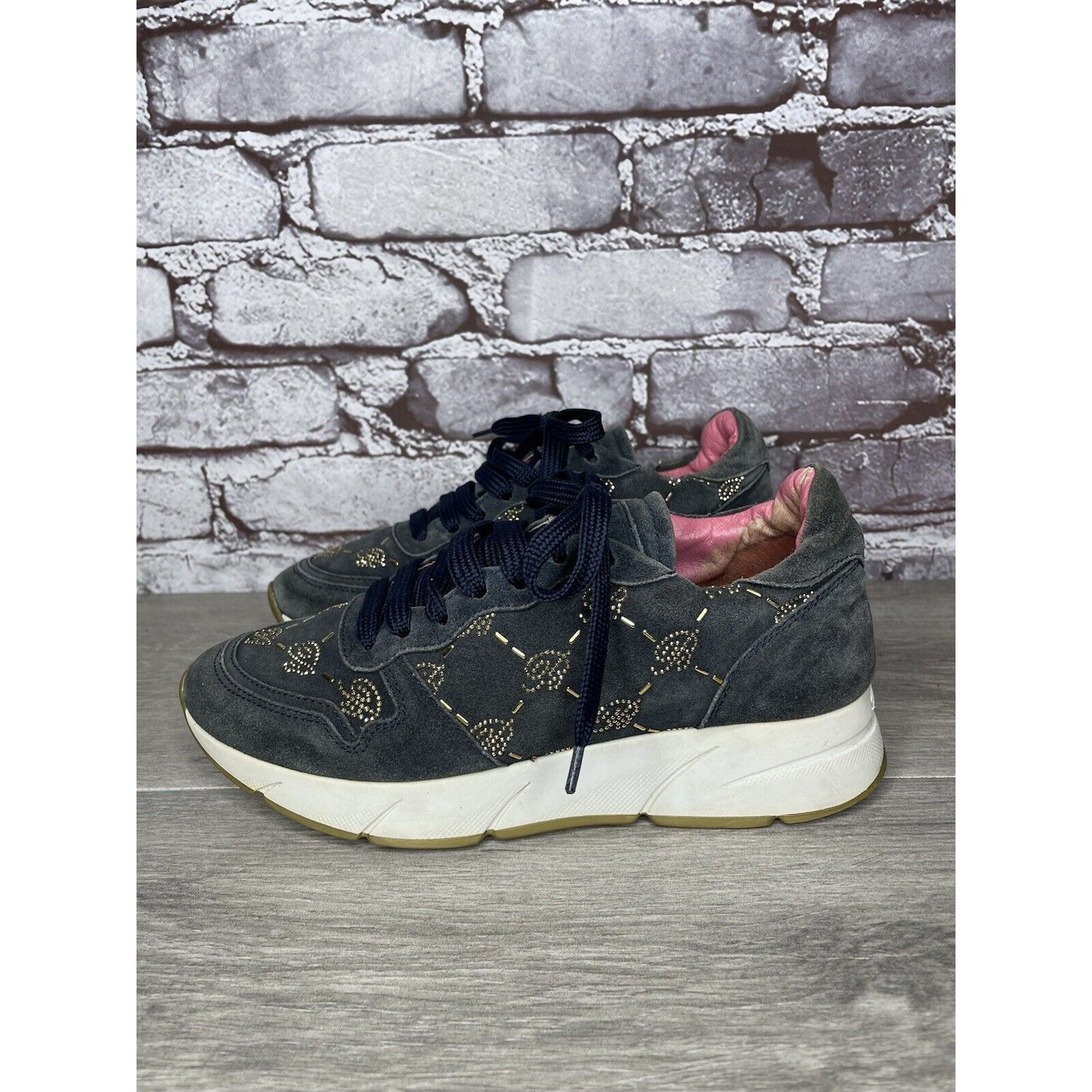 Blumarine Blumarine Blue Suede Gold Embellished Lace Up Sneakers Women Size US 6 / IT 36 - 8 Thumbnail