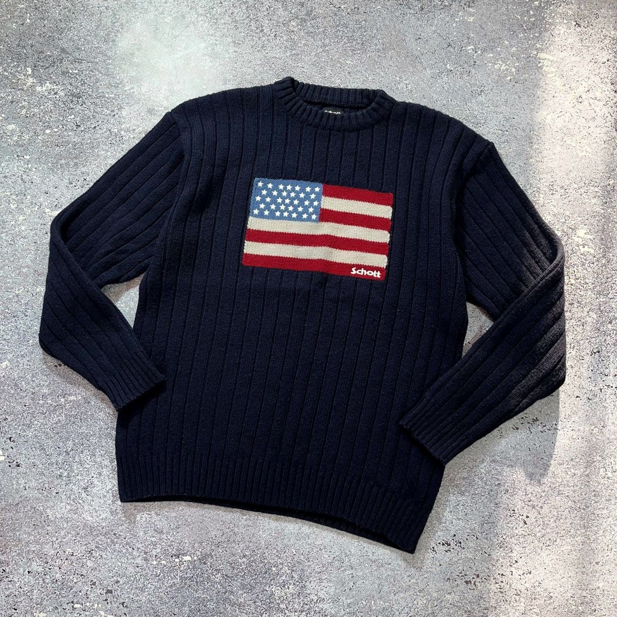 Schott × Vintage 90’s Schott N.Y.C. Big Logo American Flag Knit Sweaters Size US XL / EU 56 / 4 - 3 Thumbnail